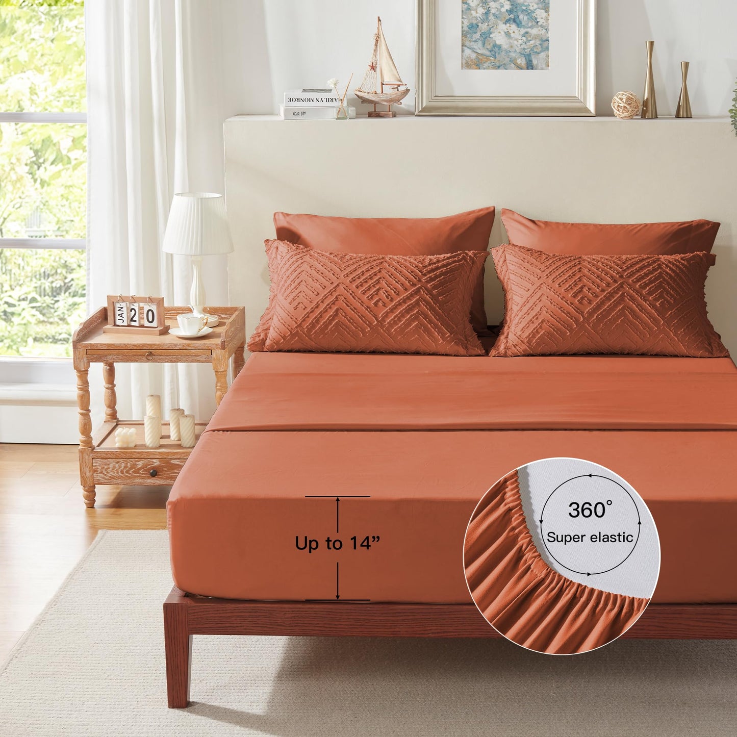 Zzlpp Queen Comforter Set 7 Pieces, Burnt Orange Tufted Bed in a Bag with Comforter, Pillow Shams, Pillowcases, Flat Sheet, Fitted Sheet