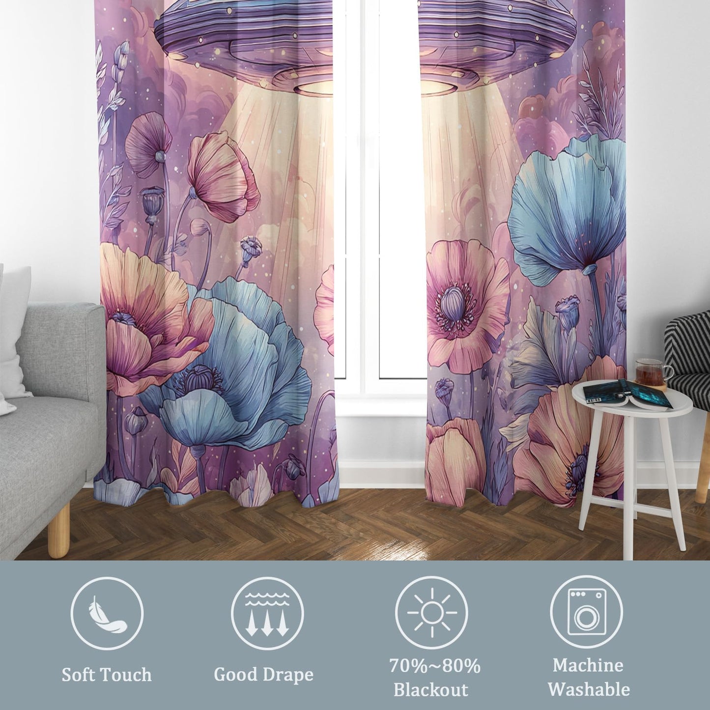 Spaceship UFO Curtains Blackout, 39 Inch - Sci Fi Floral Spacecraft Curtains for Home Decor, Kitchen, Bedroom, Spaceship UFO Room Decor Grommet Window Drapes, 2 Panels Set 27.5x39 U569