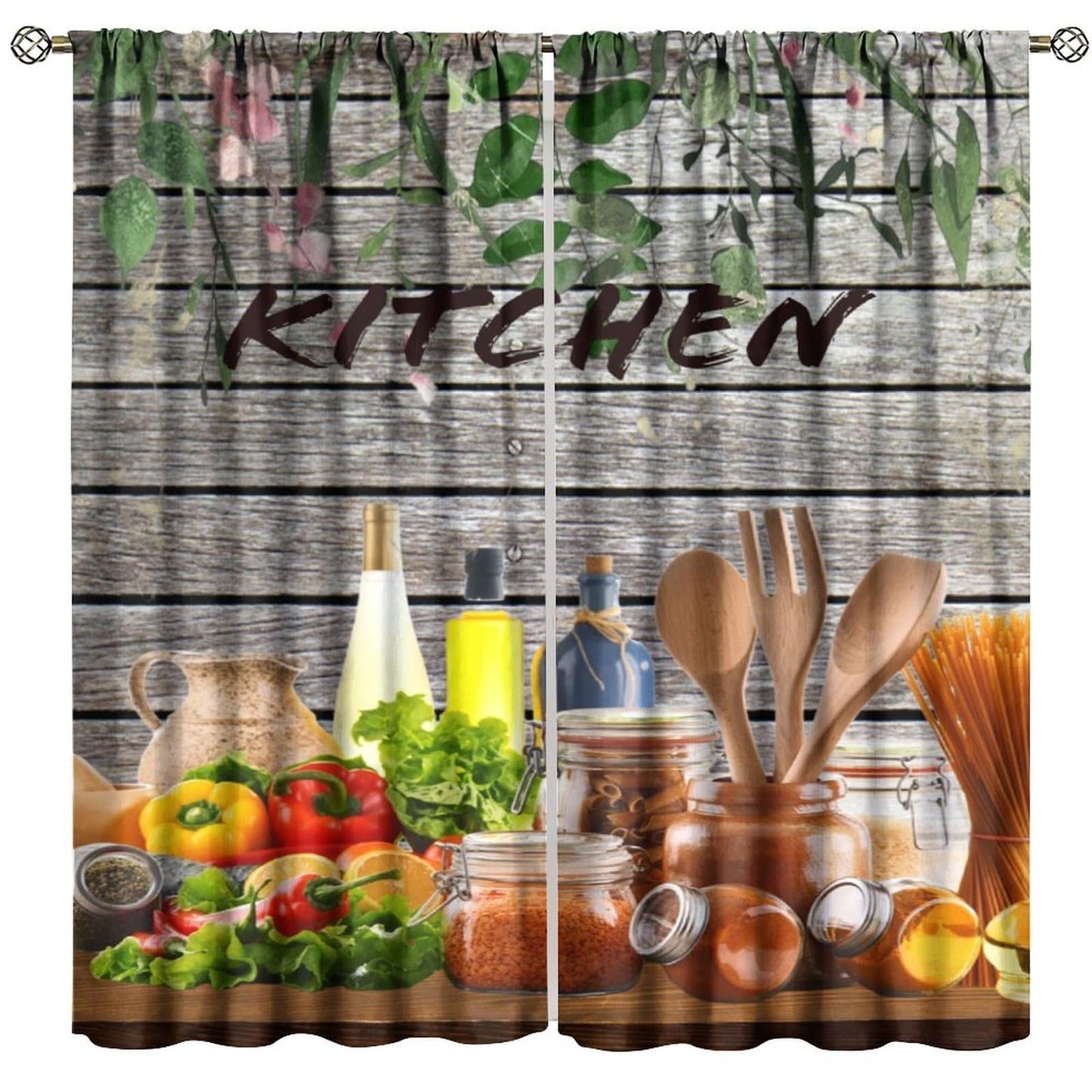 Farmhouse Kitchen Curtains Rustic Kitchenware Colourful Rustic Nature Botanical Chef Cutlery Spoon Cooking Rod Pocket Window Treatments for Living Room Bedroom 2 Panel Set 41" x 45" (No Blackout)