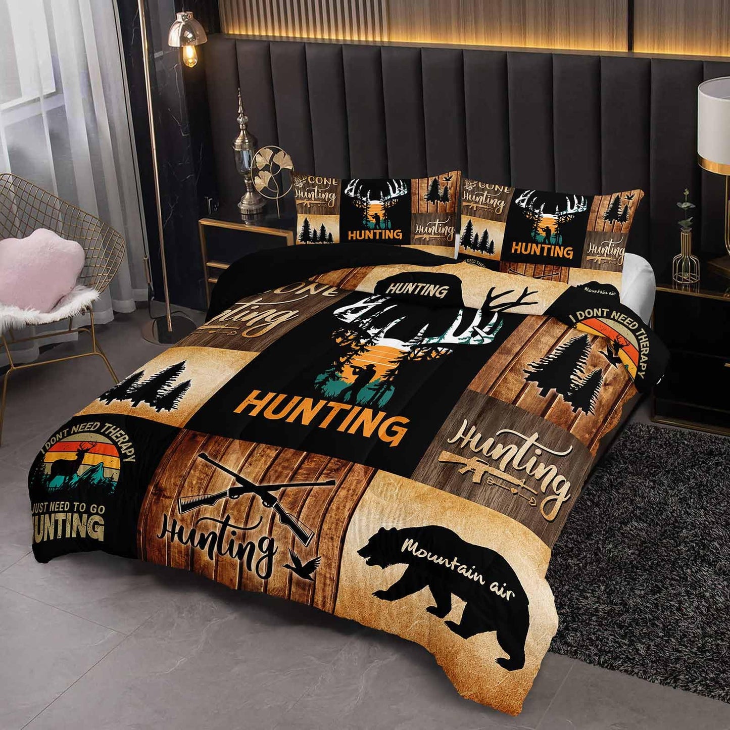 Nttopship Deer Moose Hunting Comforter Set Twin,Bear Hunting Bedding Set 3 Piece for Girls Women Teens Adult Kids Boys,Rustic Bear Comforter Set 3pcs Wildlife Hunting Room Decor with 2 Pillowcases