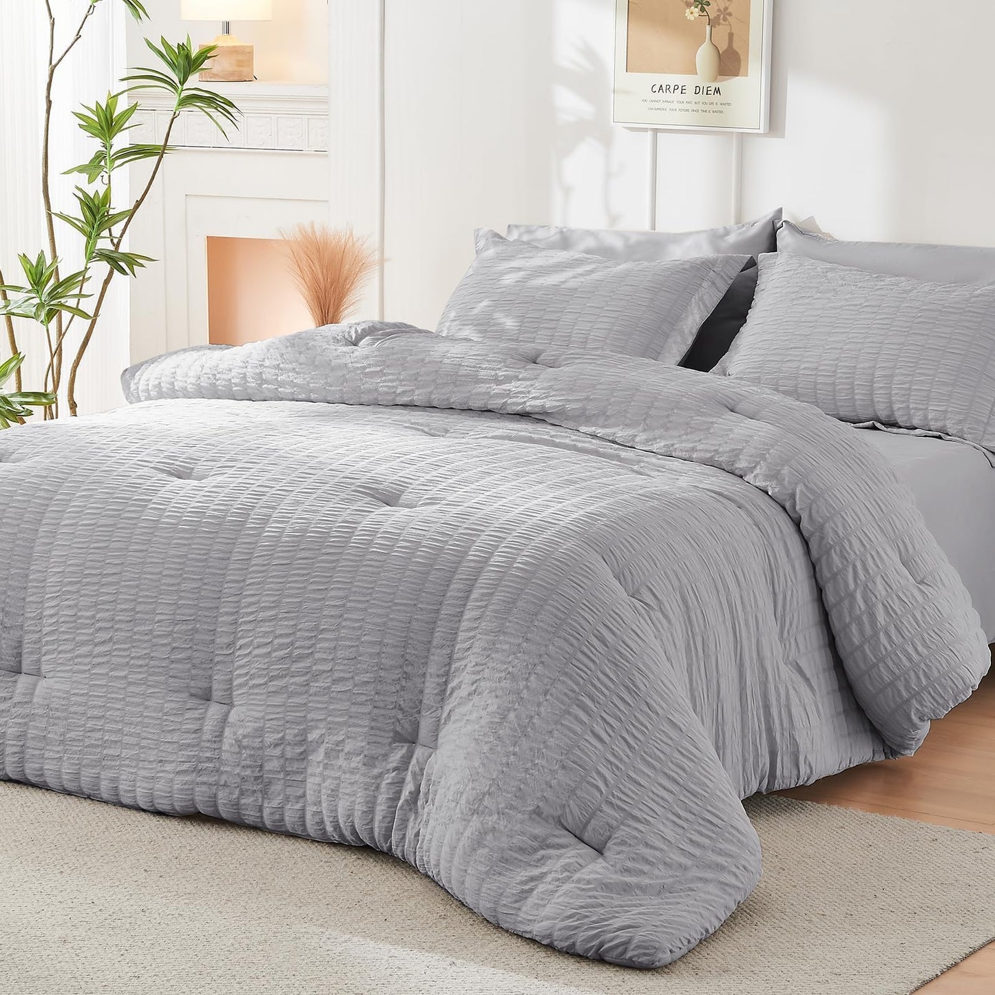 HYMOKEGE Light Grey Oversized Queen Comforter Set Seersucker 7 Pieces, All Season Luxury Bed in a Bag for Bedroom, Bedding Set with Comforter, Sheets, Pillowcases & Shams