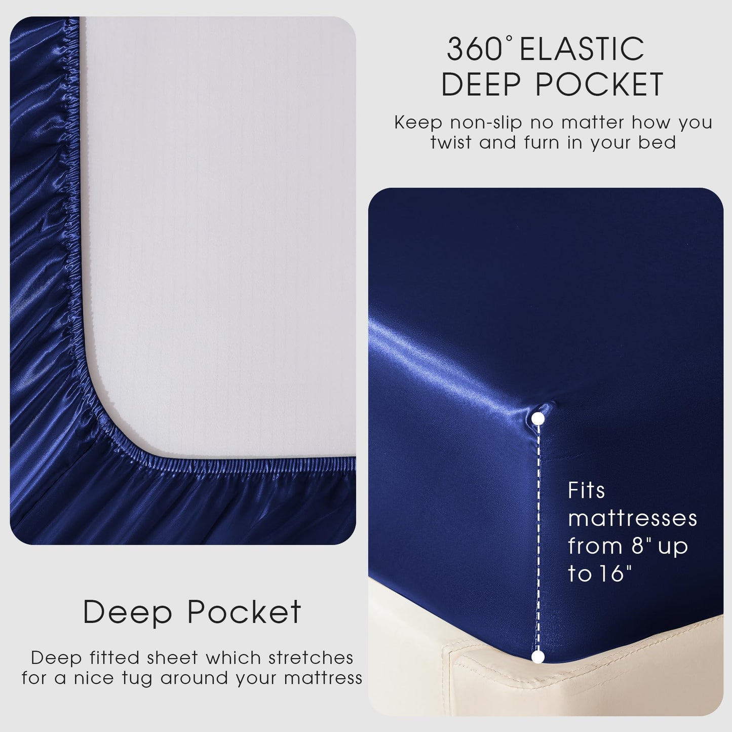 FreshCulture Satin Sheets Full Size - 4 Piece Luxury Soft Silky Full Size Bed Sheets, Similar to Silk Bed Sheet Set with 1 Deep Pocket Fitted Sheet, 1 Flat Sheet & 2 Pillowcases (Navy)