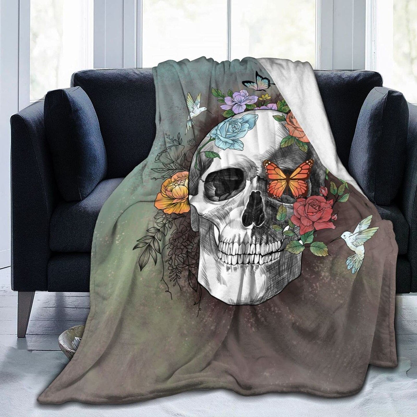 Majoug Flower Sugar Skull Throw Blanket Skulls Gifts for Women Warm Fleece Throw Bed Blankets Cozy Blanket Plush Blanket for Bedroom Living Sofa Car 50"x40"