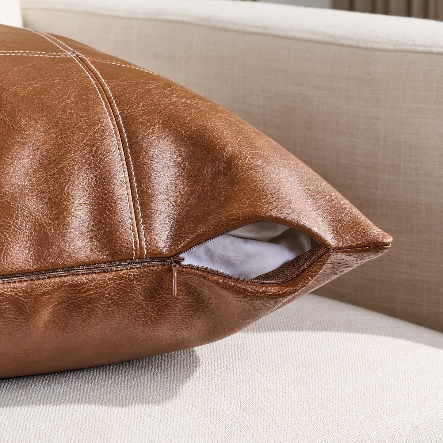 Fancy Homi 2 Packs Boho Brown Waterproof Faux Leather Decorative Throw Pillow Covers 18x18 Inch for Couch Bed Sofa, Modern Farmhouse Home Decor, Hand Stitched Accent Square Cushion Case 45x45 cm