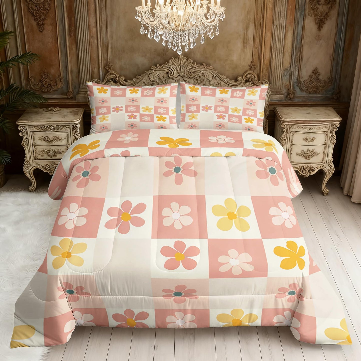 TANCAPRIUM Retro Floral Comforter Set Twin - 70s Flower Bedding Set & 2 Pilow Cases for All Season - Soft Reversible Down Alternative 3 Piece. Retro Bedrom Decor