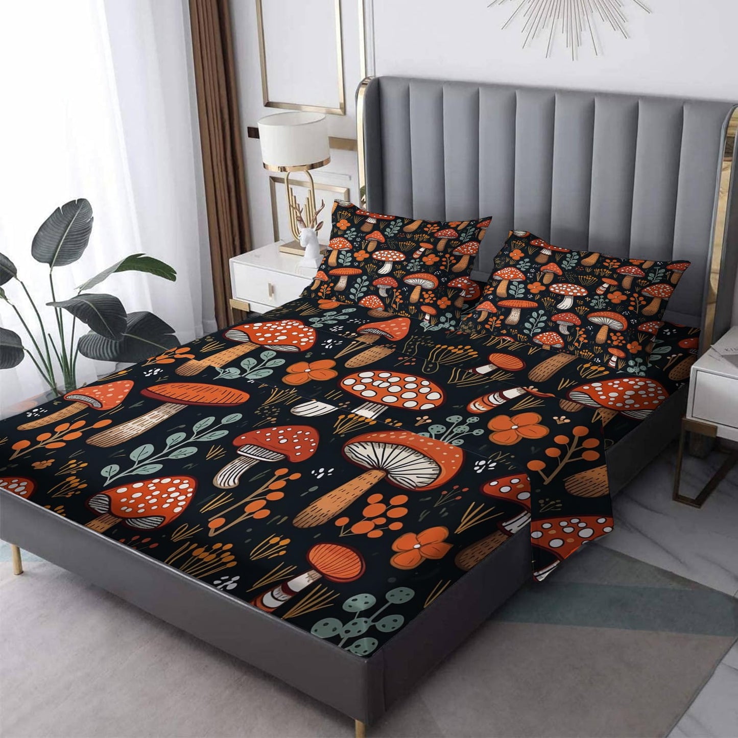 zcsm Mushroom Sheets King Size - Botanical Bed Sheets, Soft Microfiber & Deep Pocket & Wrinkle Free Patterned Bedding Sheets & Pillowcases, 4 Piece (1 Fitted Sheet, 1 Flat Sheet, 2 Pillow Cases)