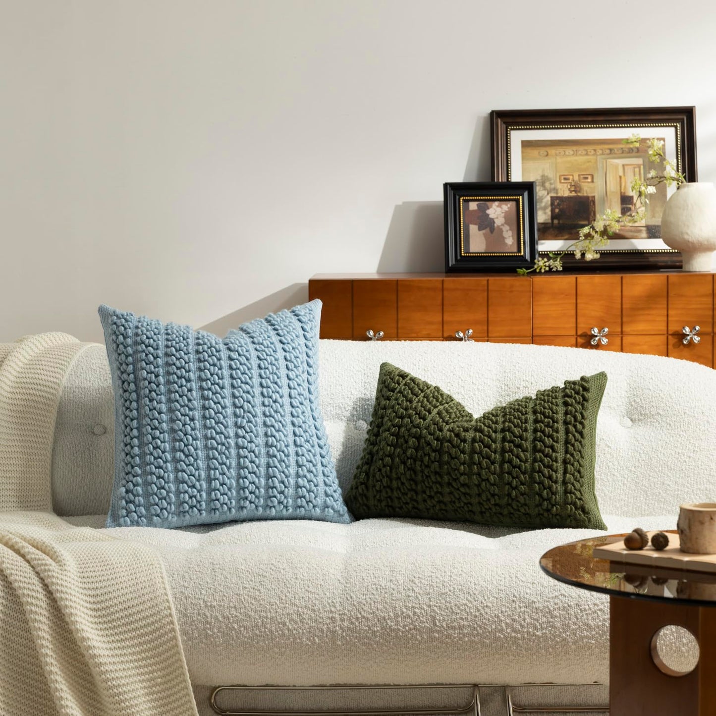 DEZENE Wool Boucle Throw Pillow Cover Premium Chic Accents Square Textured Decorative Pillow Case for Living Room Couch Sofa Home Decor 18"x18" Blue