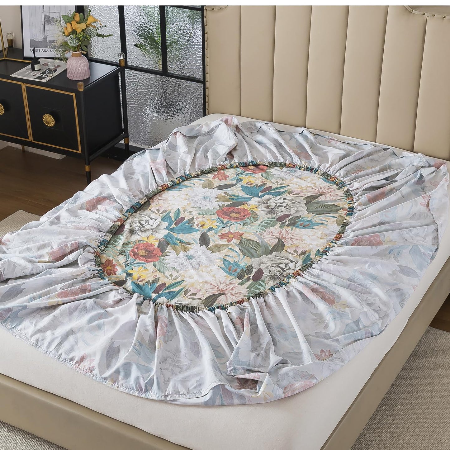 FADFAY Queen Sheet Set, 100% Cotton Sateen Soft Breathable, Luxury Vintage Floral Bed Sheets, Elegant Large Peony & Botanical Print, Classic Garden Style Bedding, Deep Pocket Fitted Sheet, 4 Pieces