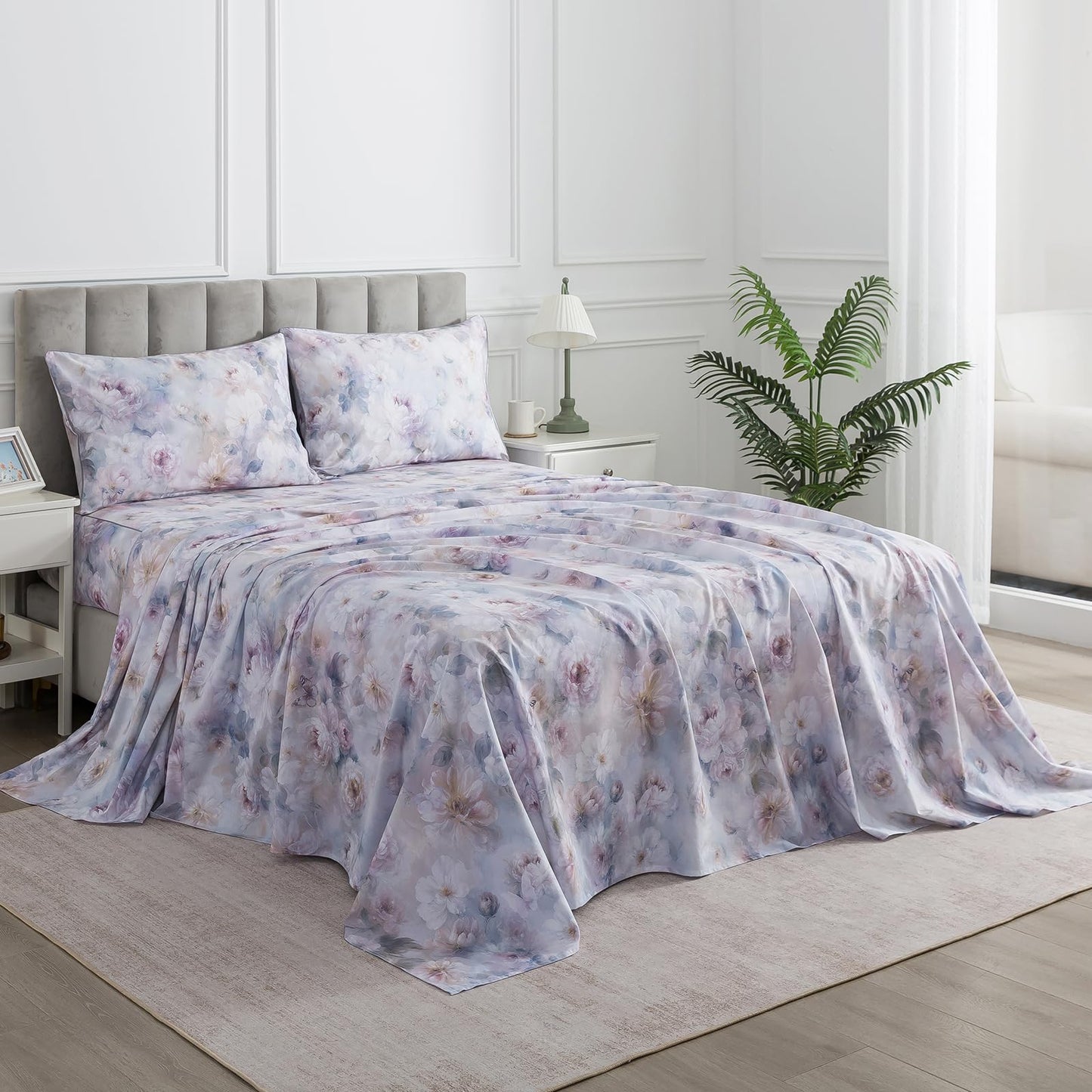 Puralens Purple Floral Percale Sheets Queen, 100% Cotton Soft Crisp Vintage Flower Bed Sheets, Butterfly Patterned Deep Pocket Aesthetic Farmhouse Sheet Set, Luxury Garden Toile Bedding, 4Pcs