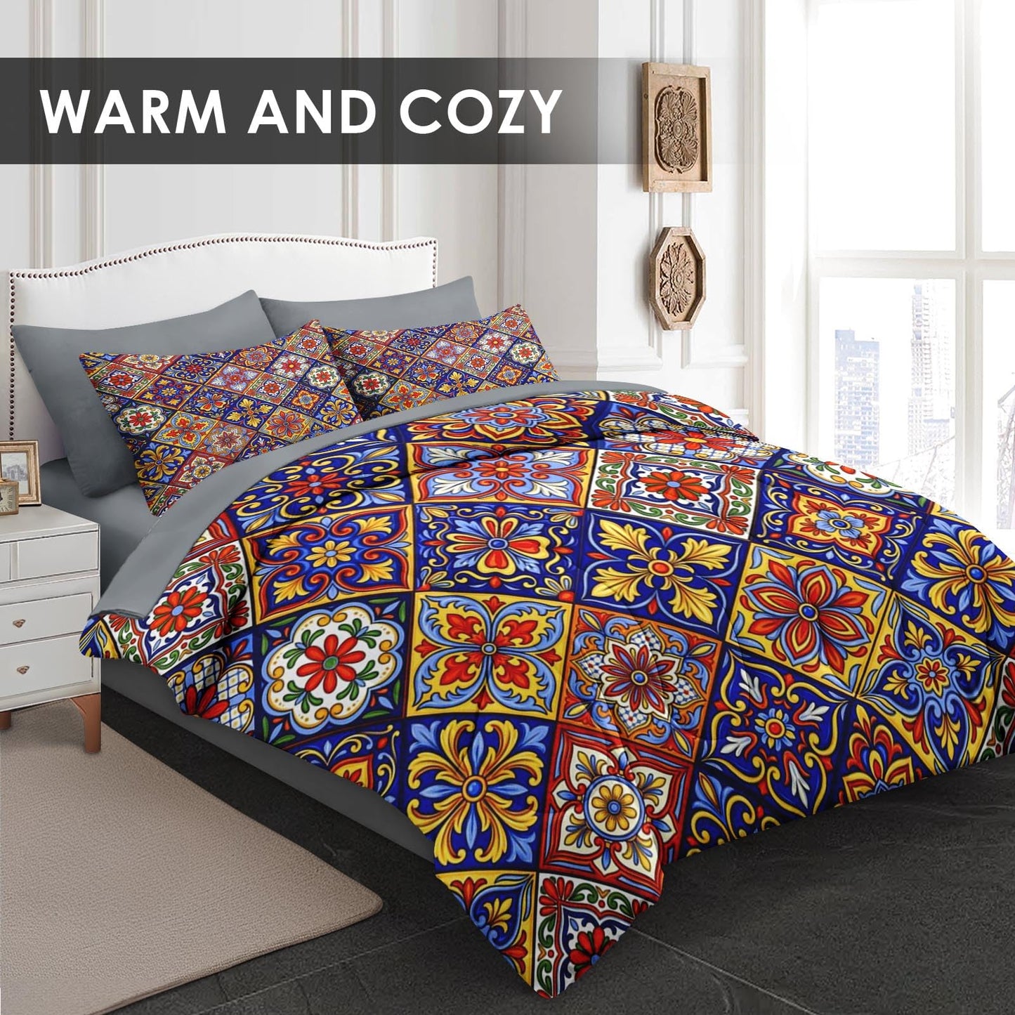 Pamnest Comforter Set Full Size, Mexican Talavera Ceramic 7 Pcs Bedding for Kids and Adults, Italian Spanish Bed Sheet Sets with Fitted Sheet 2 Pillowcases & 2 Shams for Bedroom Bed Decor