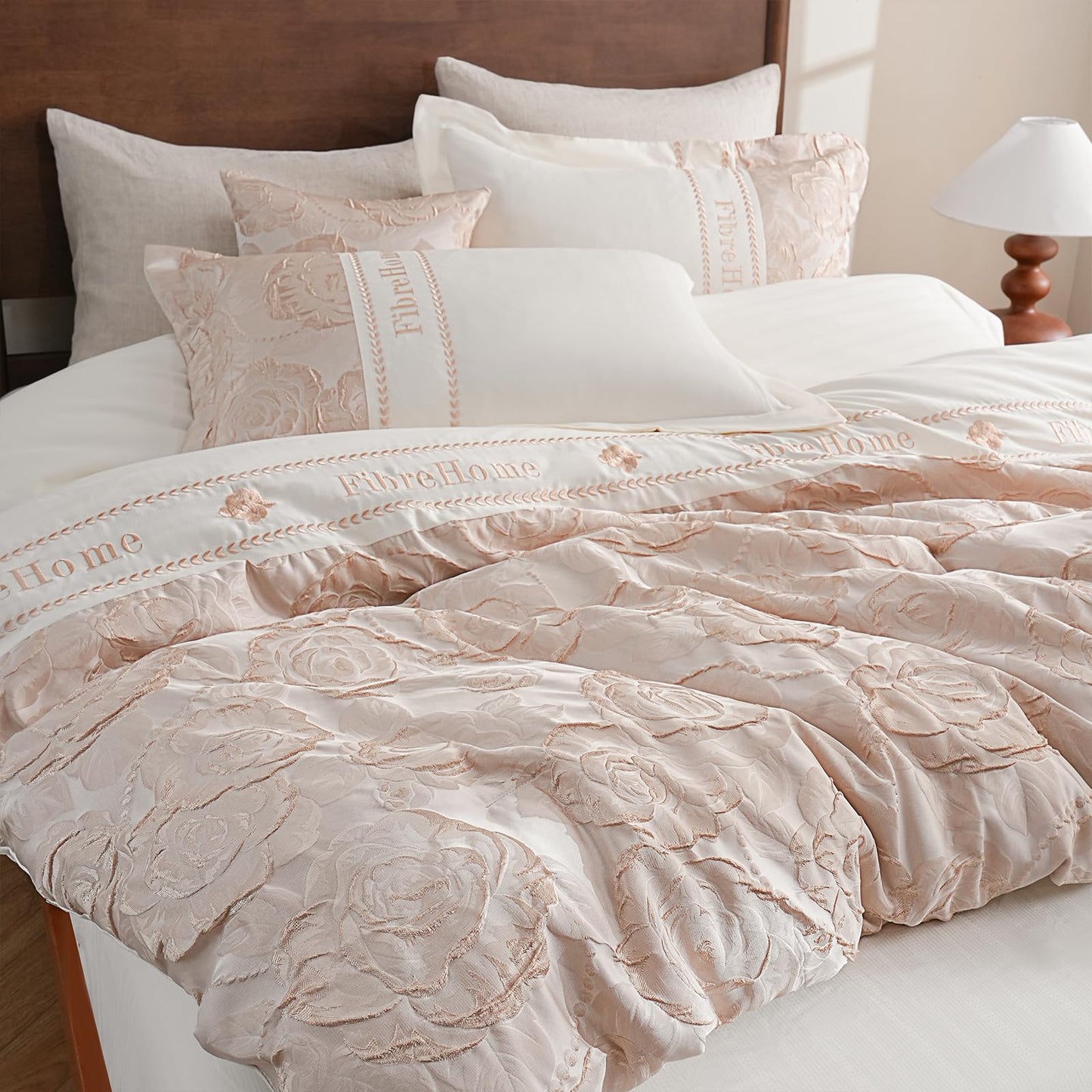 FibreHome Jacquard Bed in a Bag 6-Pieces Jacquard Weave & Embroidery Design Rose Floral Bedding Set Ultra Soft Microfiber Light Weight Comforter All Season Queen Beige Bedding Sets