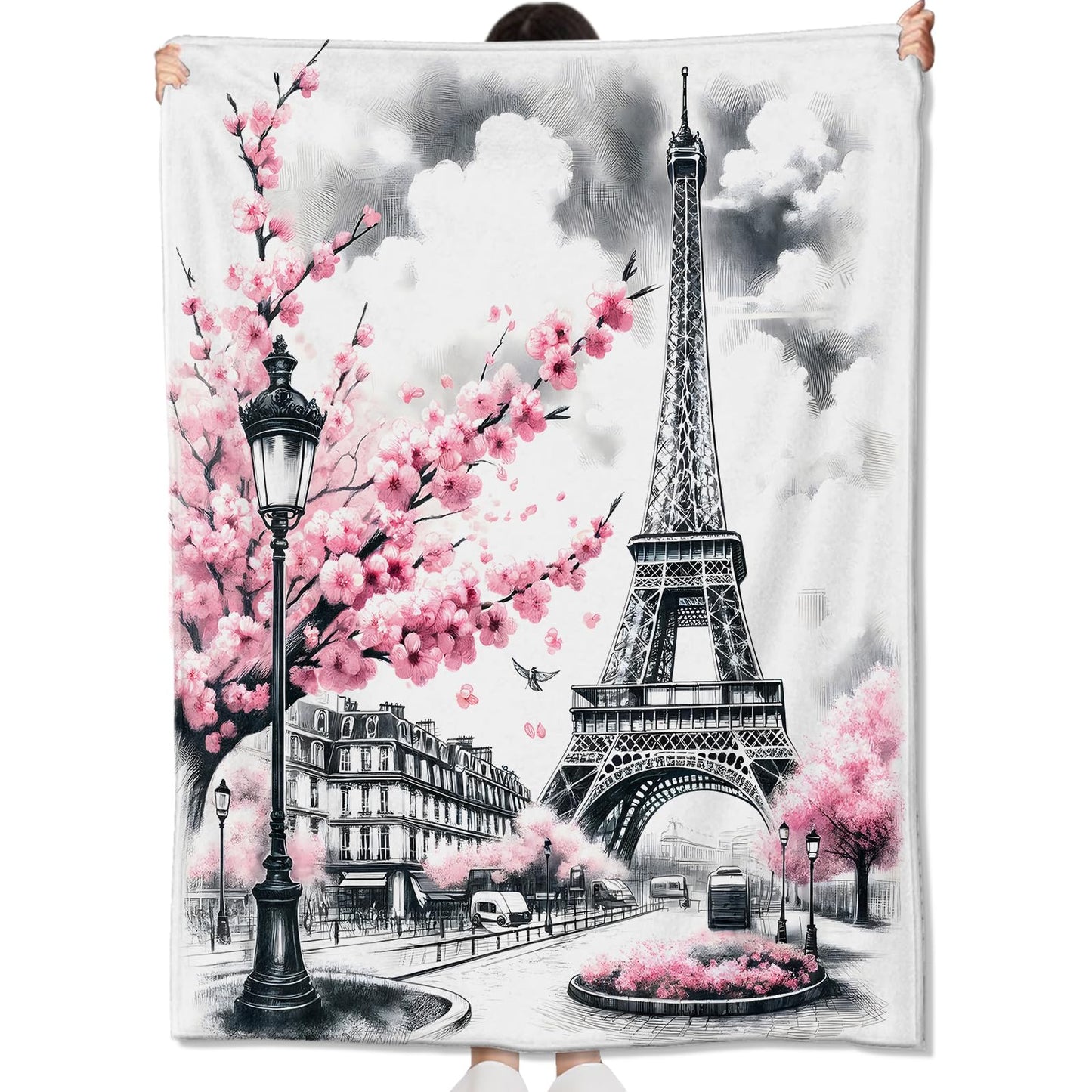 amepay Paris Blanket Gifts for Girls Women,Parisian Eiffel Tower with Pink Cherry Blossom Throw Blankets,Soft Comfy Lightweight for Room Couch Bed Sofa Romantic Decor,France Lover 60x50in
