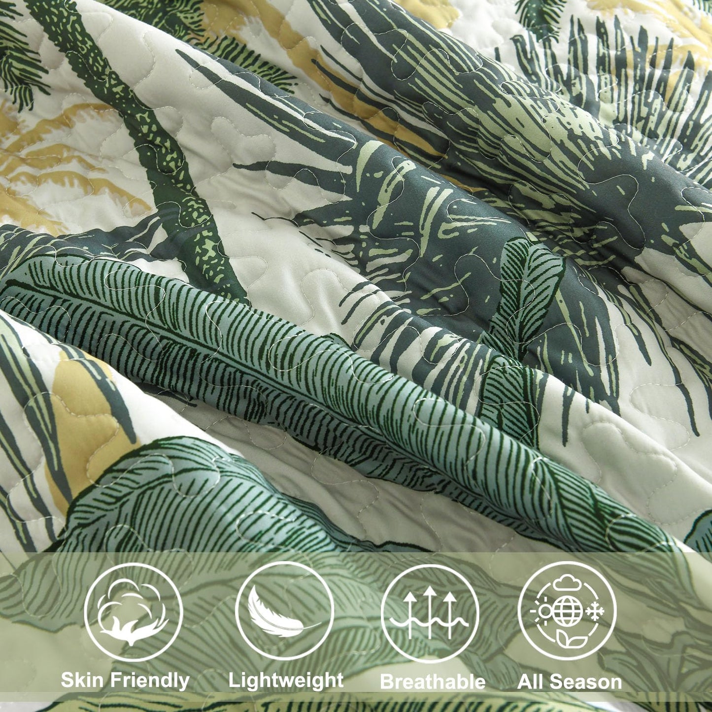 Luxudecor Tropical Plants Quilt Set King Size 3 Pieces Green and Brown Palm Botanical Bedspread Rainforest Style Bedding Set Soft Lightweight Bed Cover All Season 104"x90"