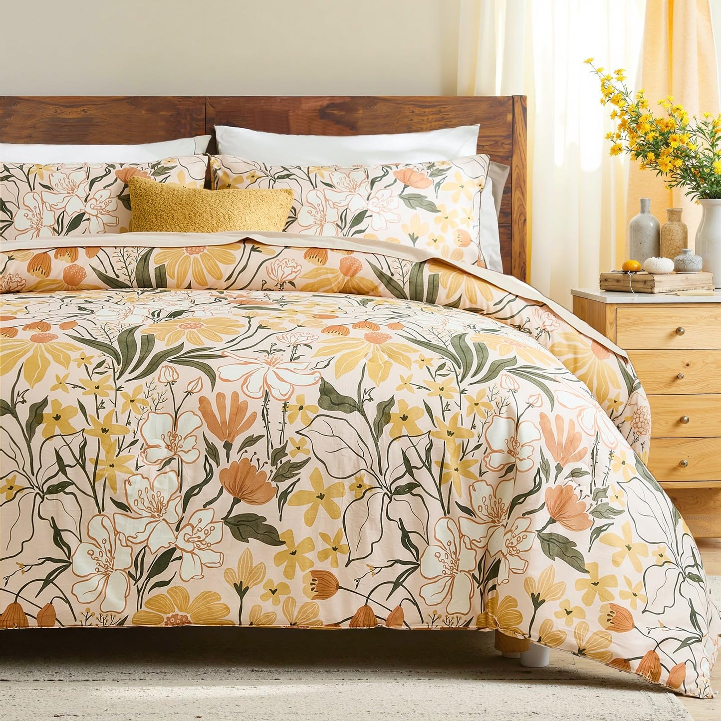 Bedorm 100% Cotton Comforter Set Queen Floral Bedding Set Yellow Flower Green Leaf Print French Country Bedding Extra Soft & Breathable Bedroom Comforter