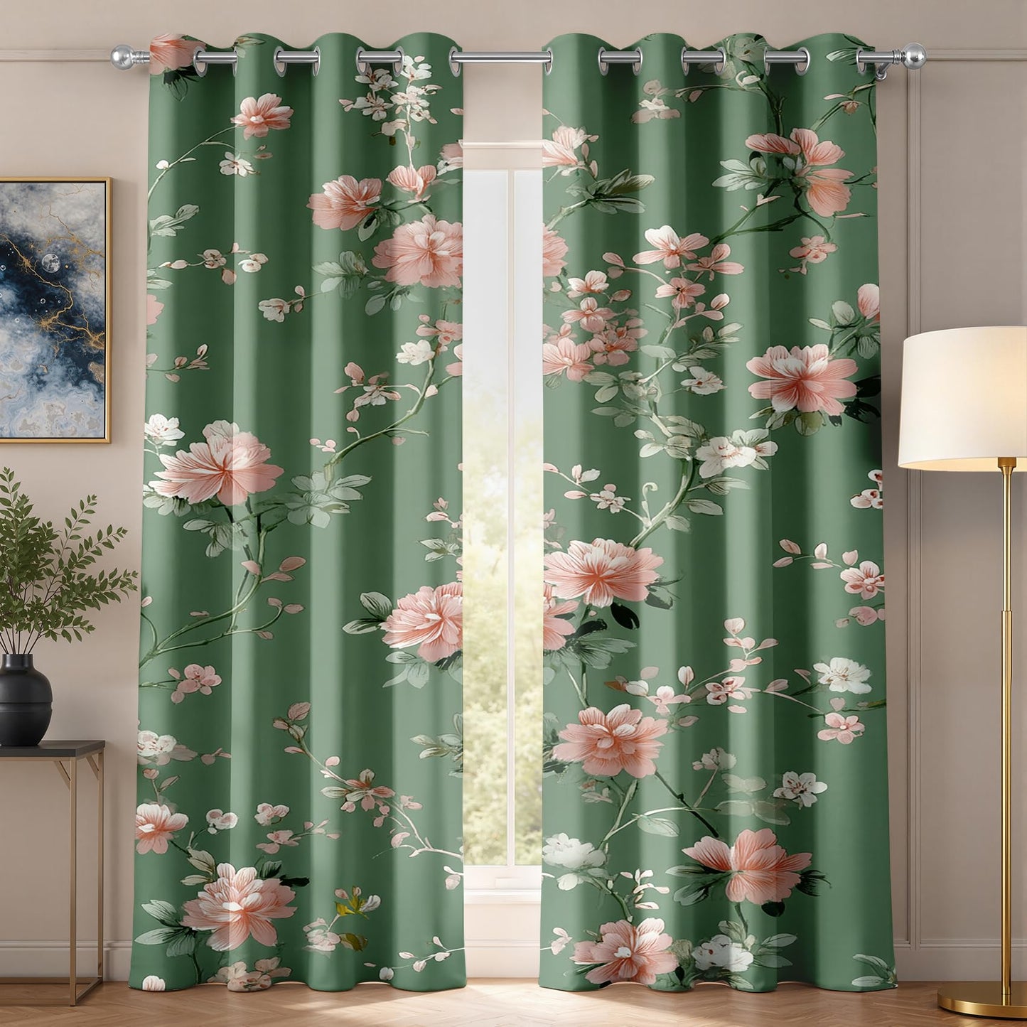 Vintage Floral Patterned Blackout Curtains for Bedroom Living Room, 63 Inch Curtains 2 Panel Set, Thermal Insulated Room Darkening Grommet Drapes, Farmhouse Green Pink Flower Botanical Treatments