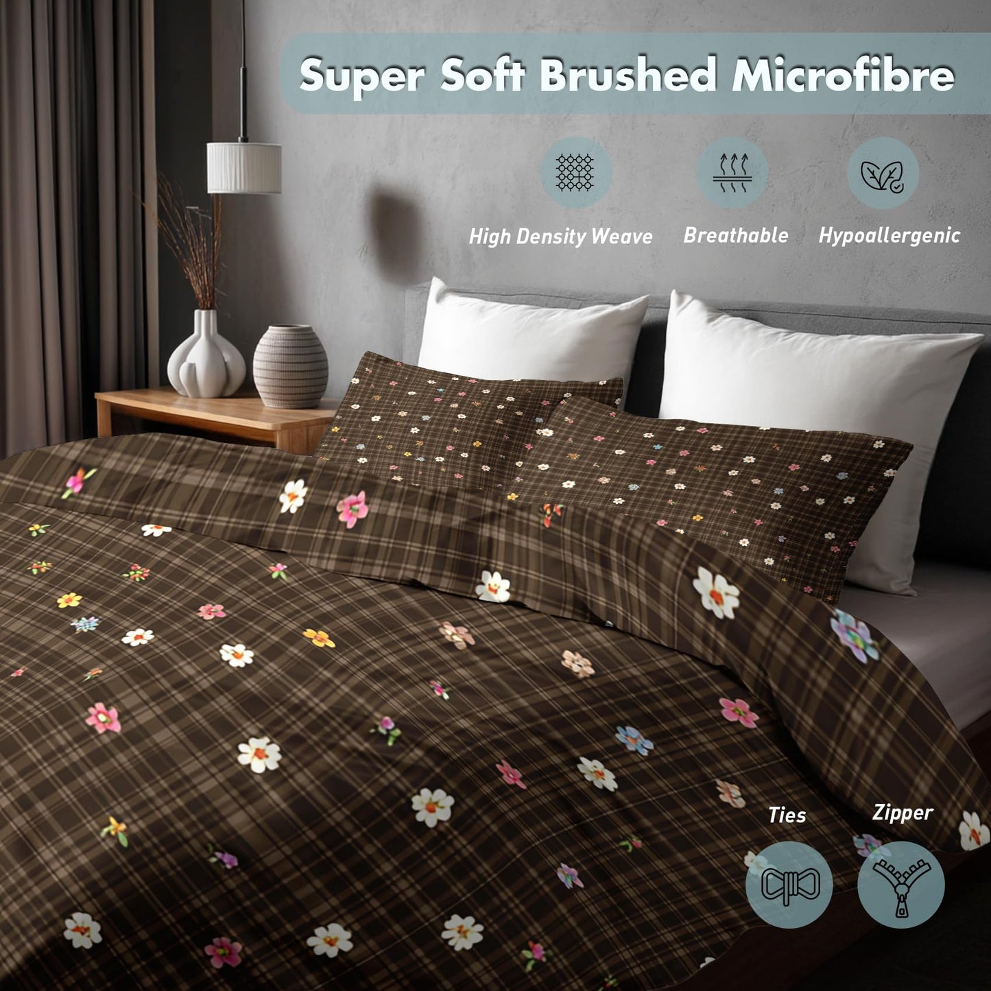 Farmhouse Floral King Size Duvet Cover Set 3 Piece, Brown Plaid Flower Reversible Bedding with 2 Pillow Shams, Zipper & Ties, Ultra Soft Microfiber, Floral Bedroom Decorations 41A-I