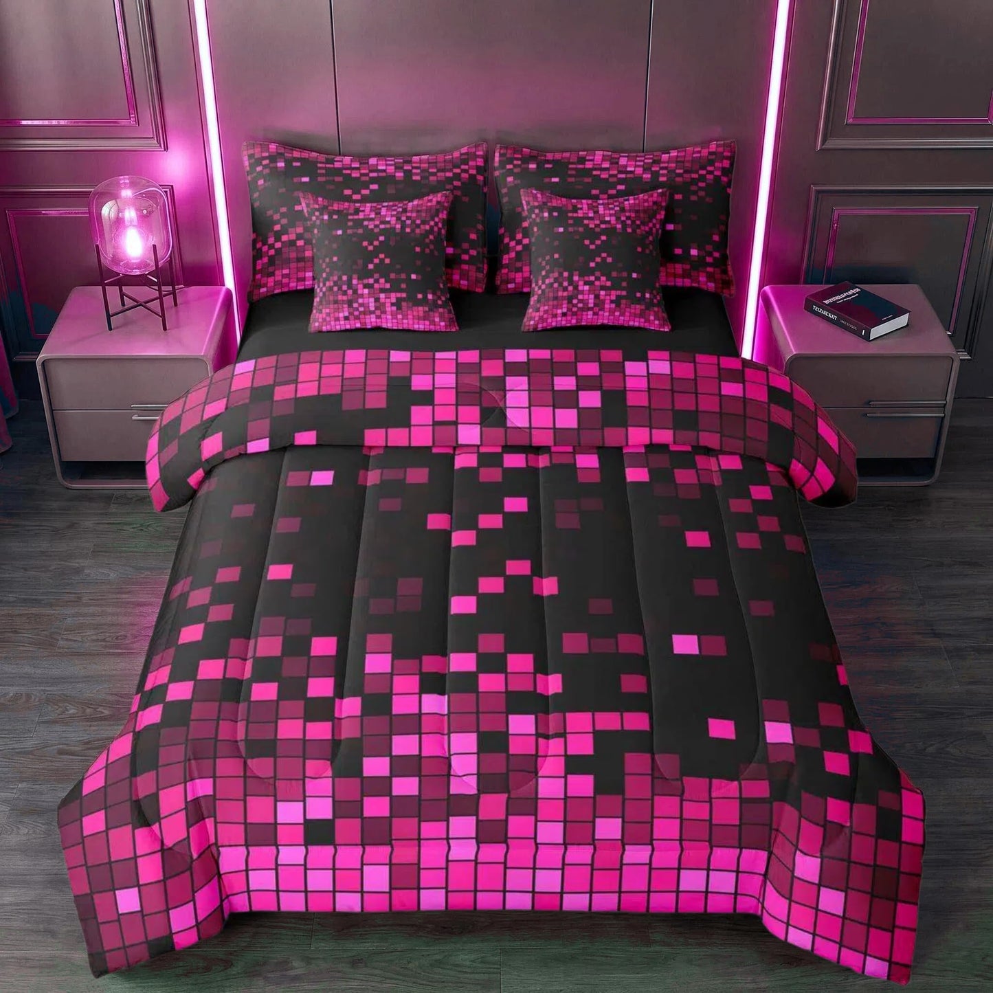 Feelyou Pink Black Gradient 8-bit Pixel Twin Comforter Set with Sheets for Kids Boys Girls Nostalgic Gamer 7 Pieces Bedding Set Retro Pixel Bed in a Bag Gaming Room Decor Room Decor Microfiber