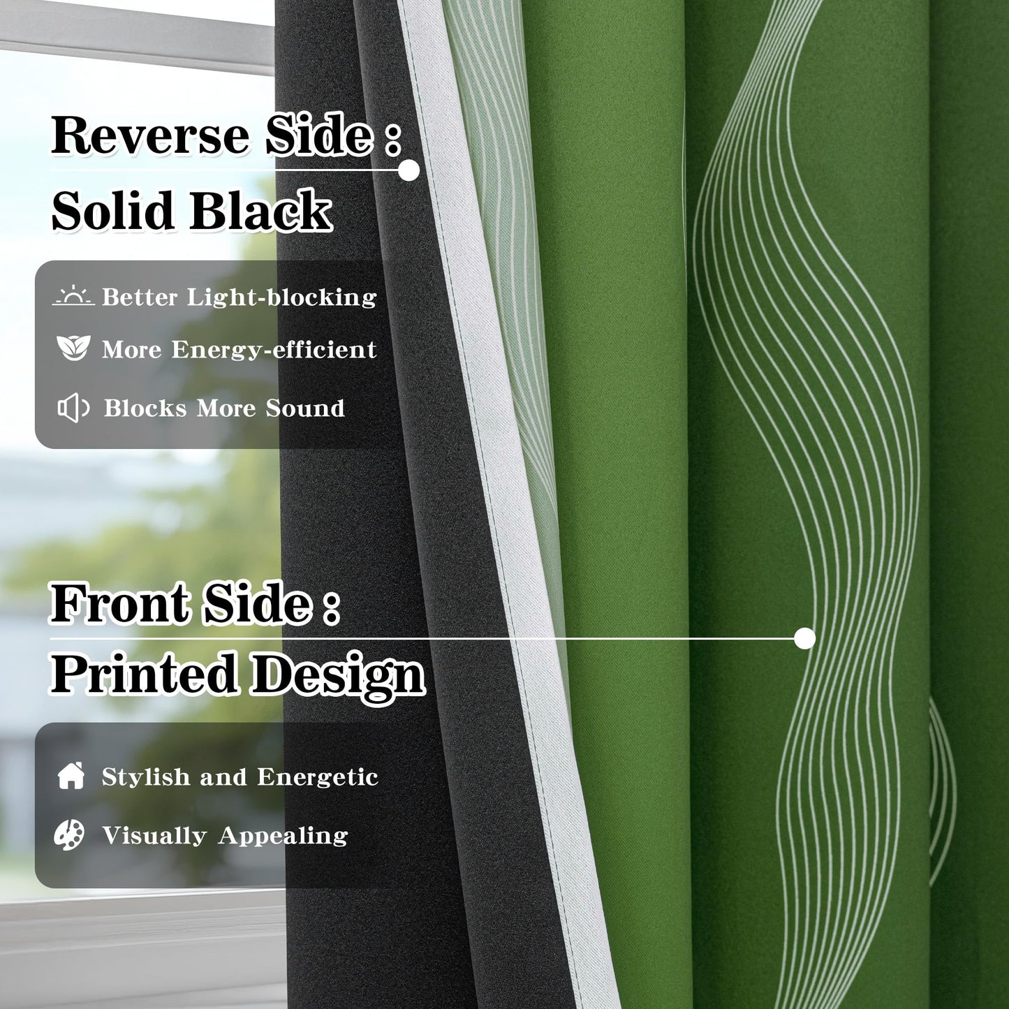 MYSKY HOME Green and Greyish White 95% Blackout Ombre Curtains 84 inch Long 2 Panels for Living Room Bedroom Geometric Patterned Black Out Thermal Insulated Wave Line Foil Grommet Drapes, 52" W