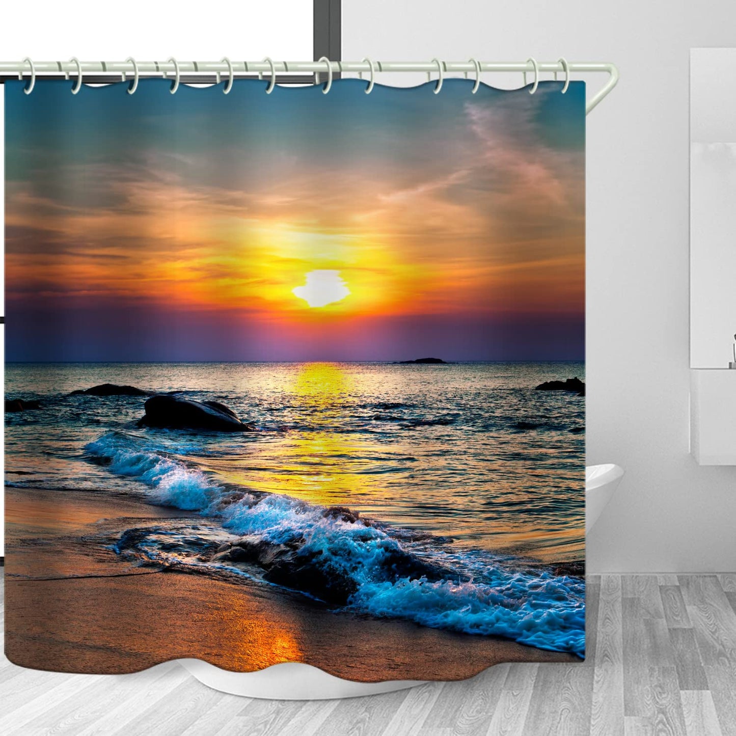 LYFANS Bathroom Uses a Sunny Sea Surface 3D Shower Curtains, The Tub Uses a Luxury Standard Shower Curtains, and The Waterproof Washable Fabric Shower Curtain, 72x72 Inches.