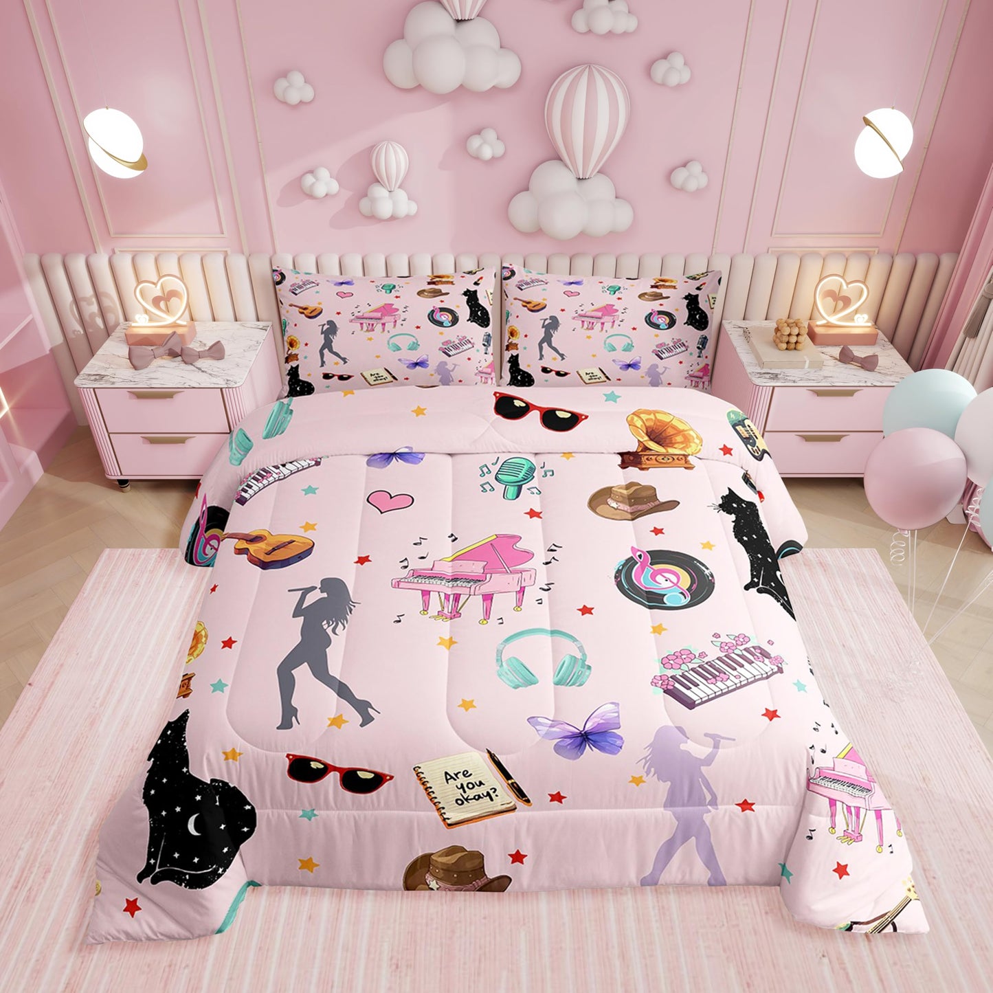 Erosebridal White Pink Bedding Set Full Size Fashion Music Themed Comforter Set Disco Ball Piano Down Comforter for Women Girls Butterfly Cat Animals Duvet Insert Modern Style Decor