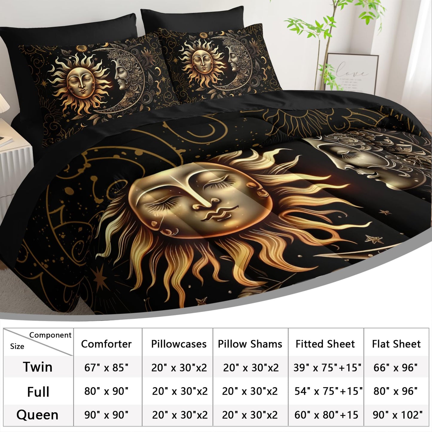 AILONEN Sun and Moon Comforter Set Twin - 7Pcs Soft Black Gold Boho Bed in a Bag -Including Comforter,Fitted Sheet,Flat Sheet,2 Pillowcases,2 Pillow Shams for Room