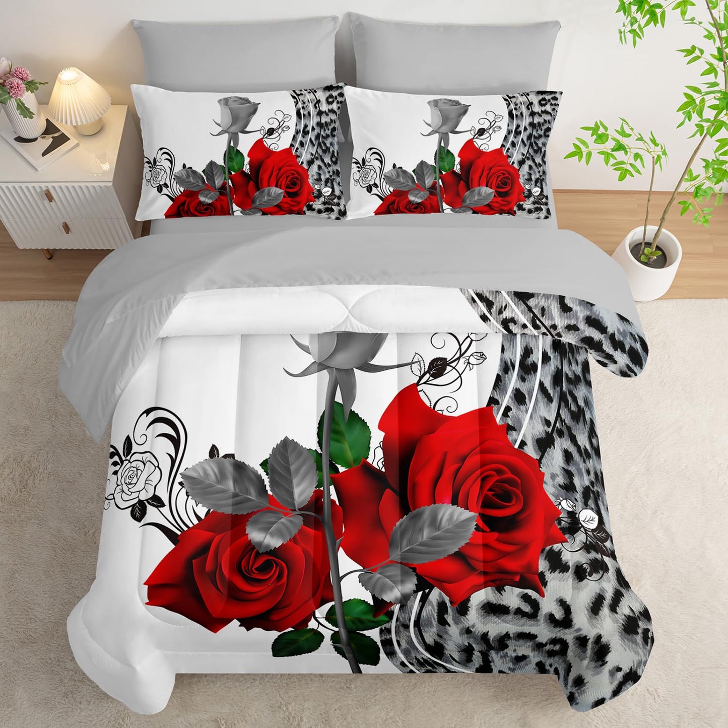 AILONEN Leopard Print Rose Comforter Set for Girls Women Couple Lover,7-Piece Red Rose and Animal Theme Bed in a Bag Full Size,Comforter & Fitted Sheet & Flat Sheet & 2 Pillowcases,Soft Microfiber