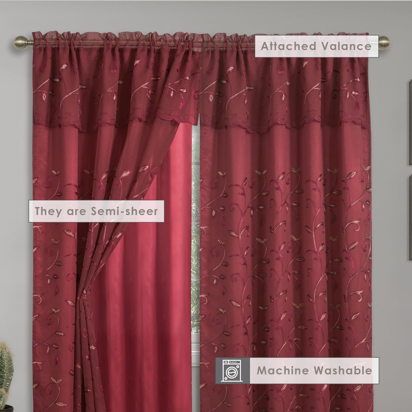 Elegant Comfort Luxury Curtain/Window Panel Set with Attached Valance and Backing 54" X 84 inch (Set of 2), Burgundy