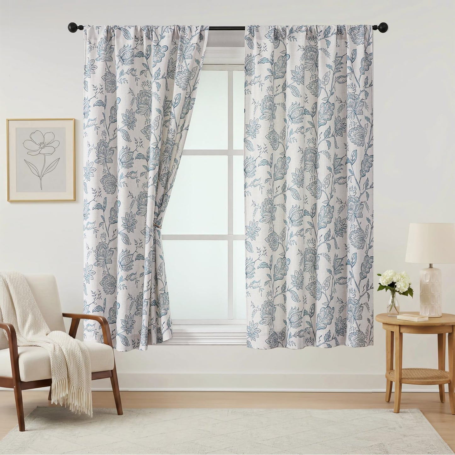Ebesto Floral Curtains 63 Inch Length - Light Filtering Faux Linen Flower Printed Window Curtains for Bedroom, Rod Pocket No-See Through Privacy Drapes, 2 Panels, Each 40Wx63L Inches, Dusty Blue