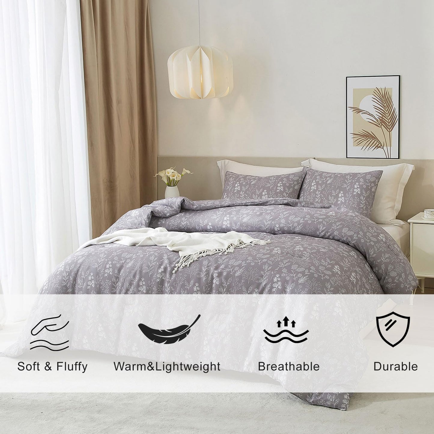 EAVD Botanical Floral Comforter Set Queen Grayish Purple Soft Microfiber Chic Cute Garden Floral Bedding Comforter Set 1 Queen Comforter and 2 Pillowcases Fresh Botanical Comforter for All-Season