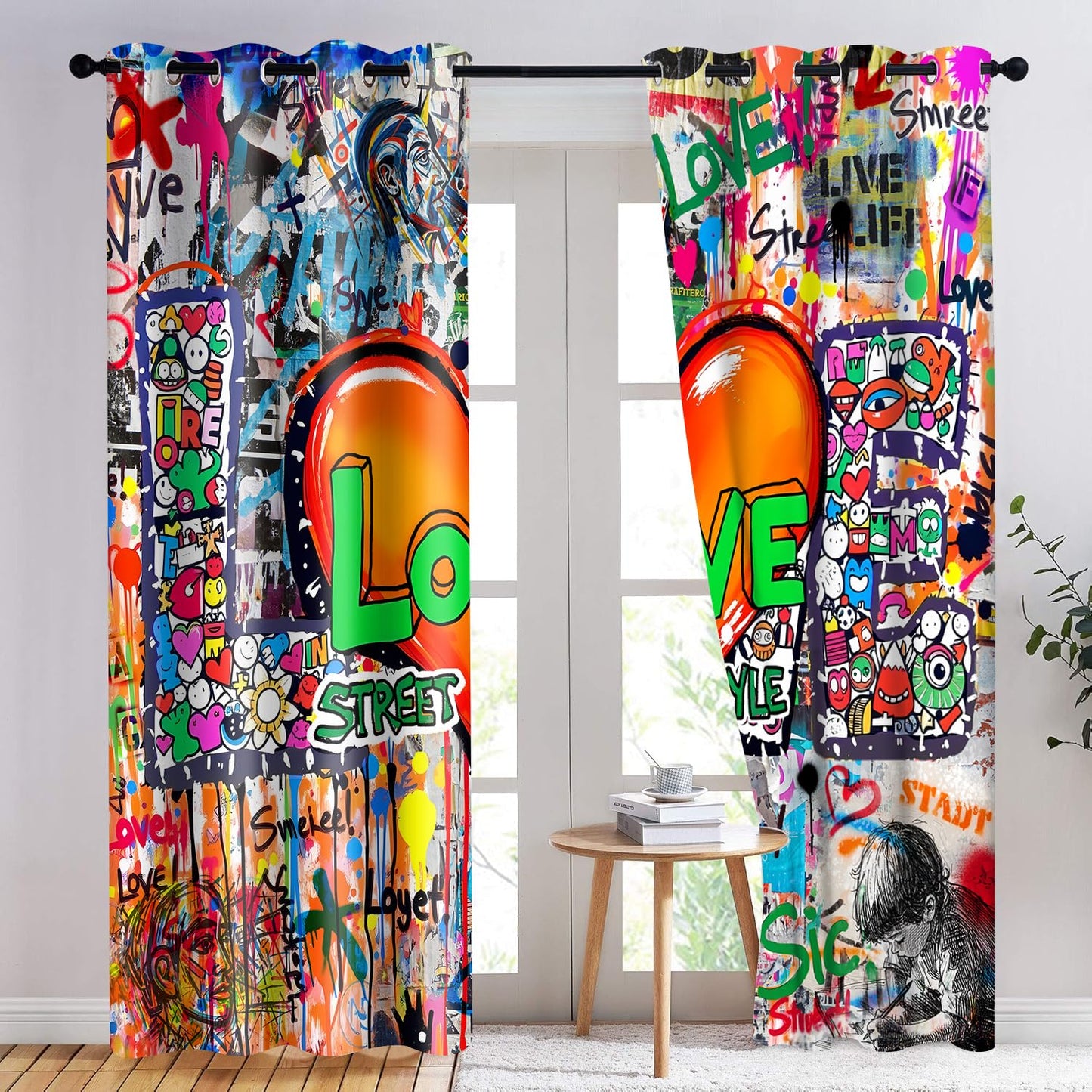 HIYSMT Graffiti Wall Hip Hop Curtains 42x84inch Alphabet Love Heart Art Design Blackout Curtain Modern Abstract Colorful Urban Graffiti Privacy Drapes for Bedroom Living Room 2Panels HI07YL