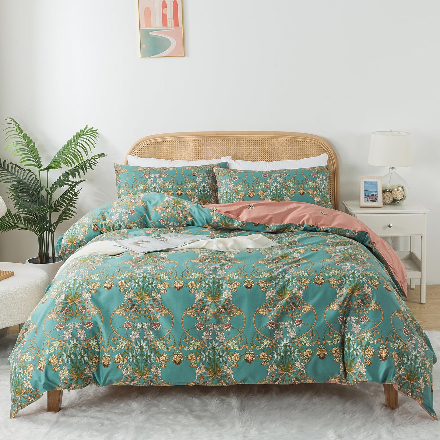 Zusbest Boho Duvet Cover Set Queen Size 100% Cotton Floral Bohemian Comforter Cover Teal Green Printed Reversible Orange Bedding Luxury Crisp Soft French Country Bedding 3Pcs, Queen