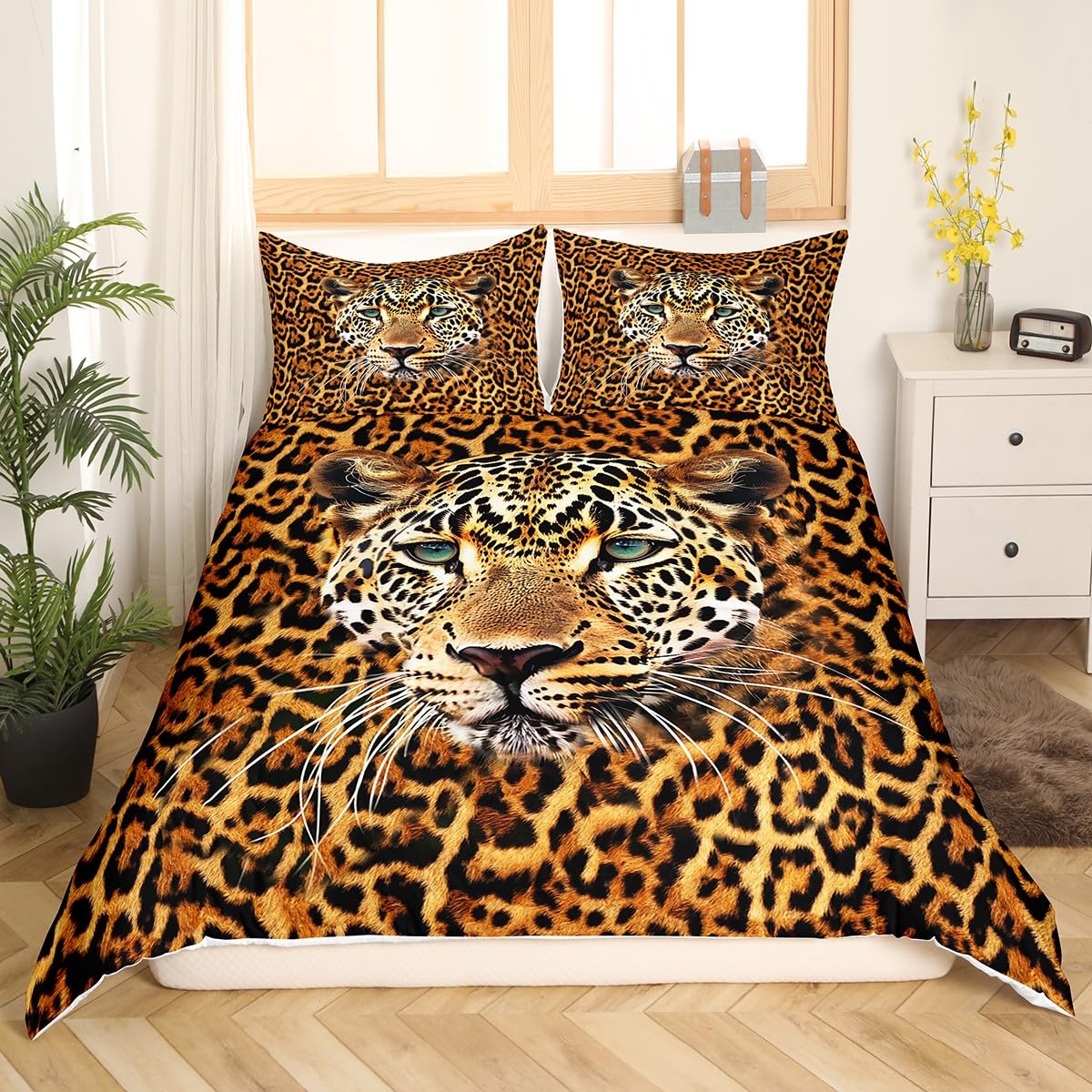 Cheetah Duvet Cover Set King Size,Leopard Print Bedding Set 3pcs for Kids Teens Boys Room Decor, Wild Animal Fur Comforter Cover Brown Quilt Cover with 2 Pillowcases