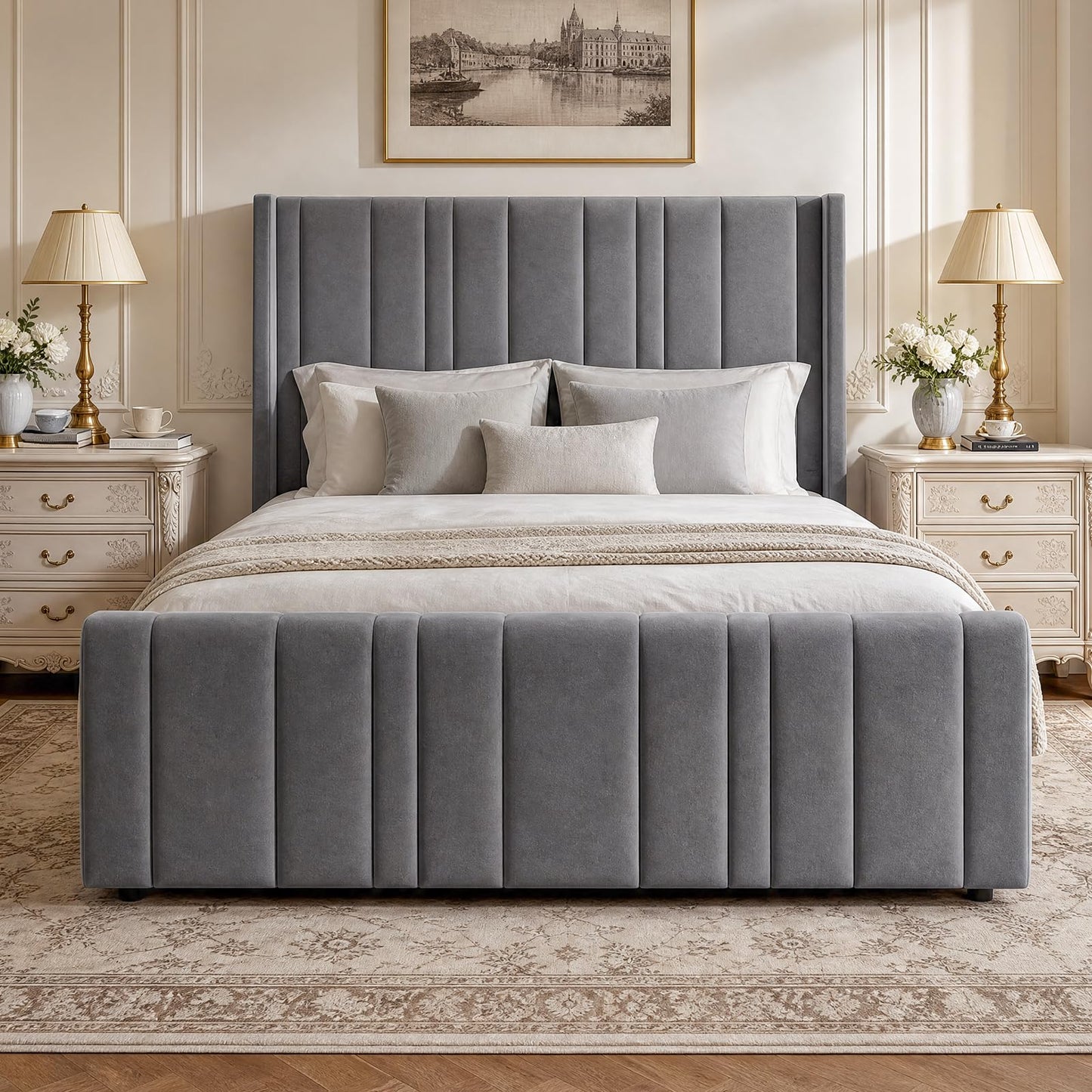 HOMBCK Full Size Bed Frame, Velvet Upholstered Platform Bed Frame Full with Vertical Channel Tufted Headboard & Footboard, Wooden Slats/Noise Free/No Box Spring Needed/Easy Assembly, Grey