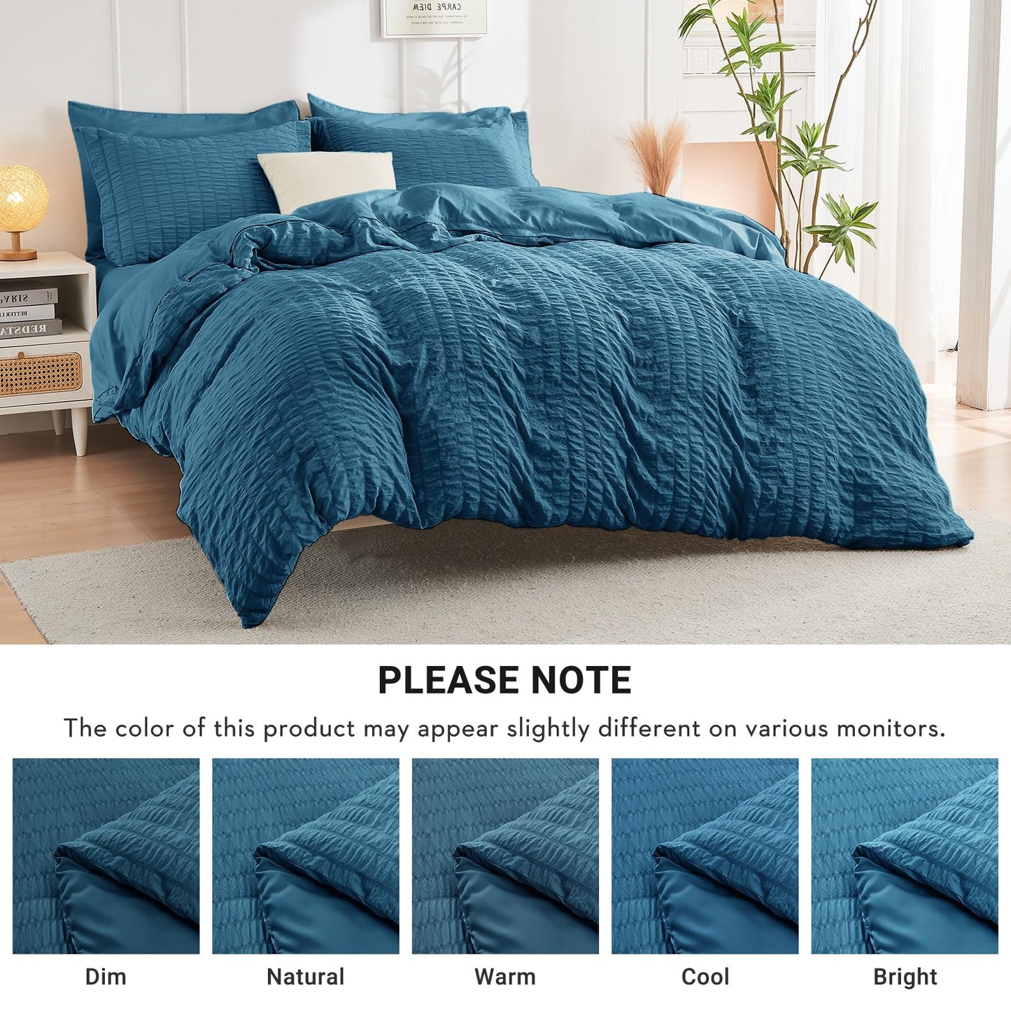 HYMOKEGE Teal Oversized Queen Comforter Set Seersucker 7 Pieces, All Season Luxury Bed in a Bag for Bedroom, Bedding Set with Comforter, Sheets, Pillowcases & Shams