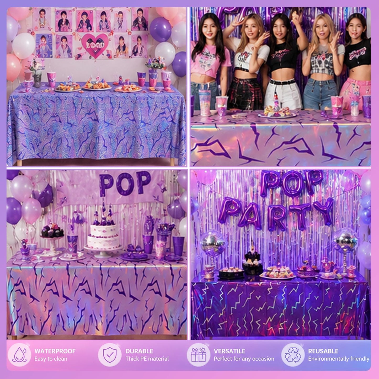 WPDISCZ 3PCS Magical Music Party Tablecloths - Demon Decorations,Pink Purple Lightning Pattern Disposable Plastic Table Covers 54x108 Inch for Korean Anime Themed Party Supplies