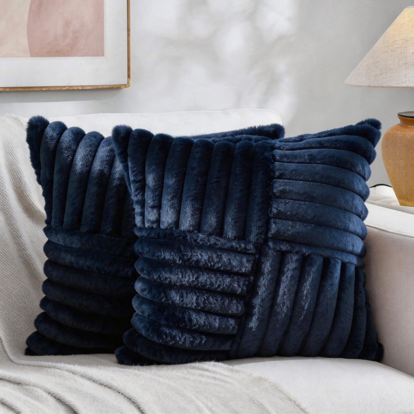 All Smiles Couch Decorative Throw Pillow Covers 18x18 Set of 2 Faux Fur Plush Soft Fluffy Velvet Cushion Case Cozy Fuzzy Striped Pillowcase Home Decor for Bed Sofa Living Room,Navy Blue