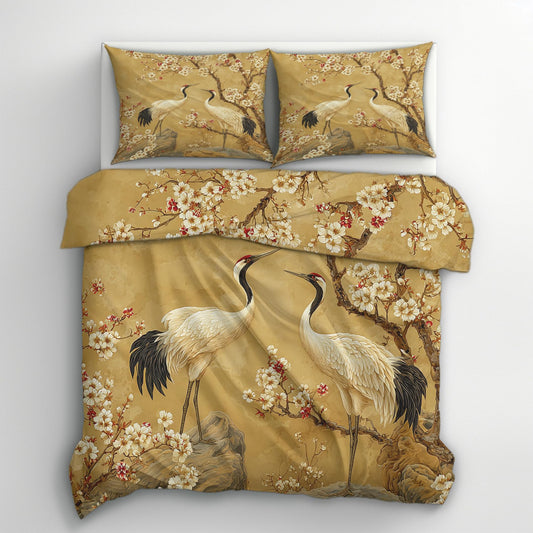 FJWXCBD Japanese Crane Duvet Cover King Size, Cherry Blossom Pattern Bedding Set 3 Piece for Bedroom Decor, Asian Oriental Duvet Cover & 2 Pillow Shams, with Zipper & Ties, Super Soft Microfiber