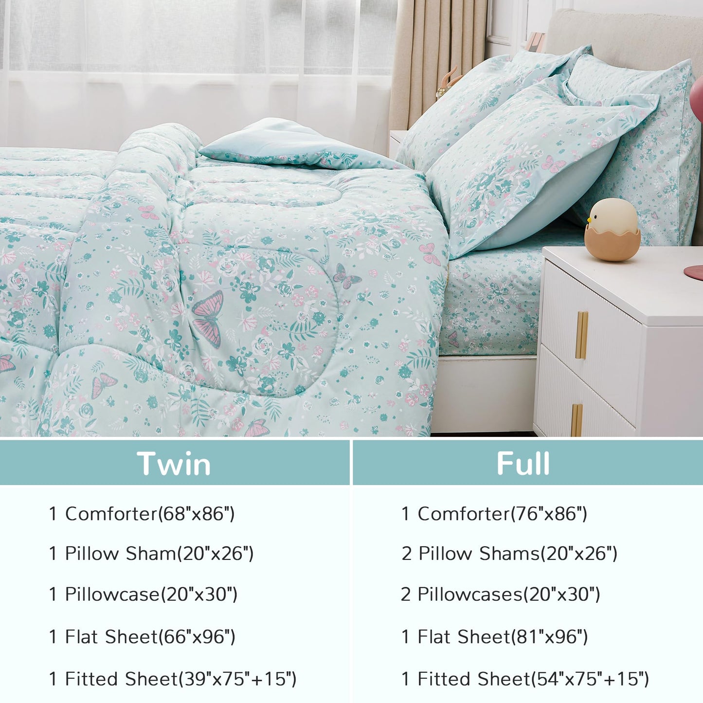 Viviland Kids Twin Bedding Sets for Girls, Soft Twin Comforter Set with Sheets, 5 Pieces Microfiber Bed in a Bag, Green Butterfly