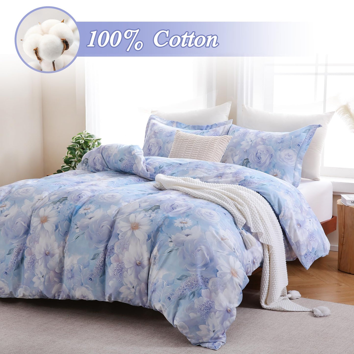 Ocharo Floral 100% Cotton Duvet Cover King Size,Reversible Blue White Daisy Comforter Cover with Zipper Closure,Soft 3 Pieces Luxury Cotton Bedding Sets with 2 Pillow Shams (20"x36")