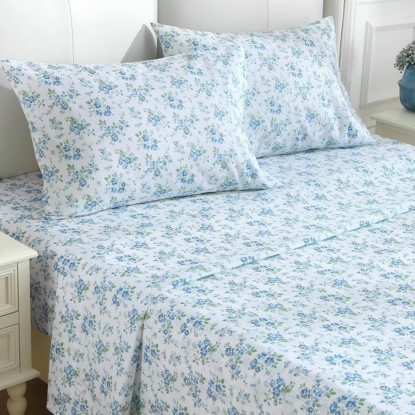 MUXHOMO King Size 4 Piece Sheet Set, Soft Breathable Bed Sheet Set for Bedroom with Deep Pocket Up to 16", Wrinkle-Free & Cooling Bedding for Oeko-TEX Certified - Blossoms Light Blue