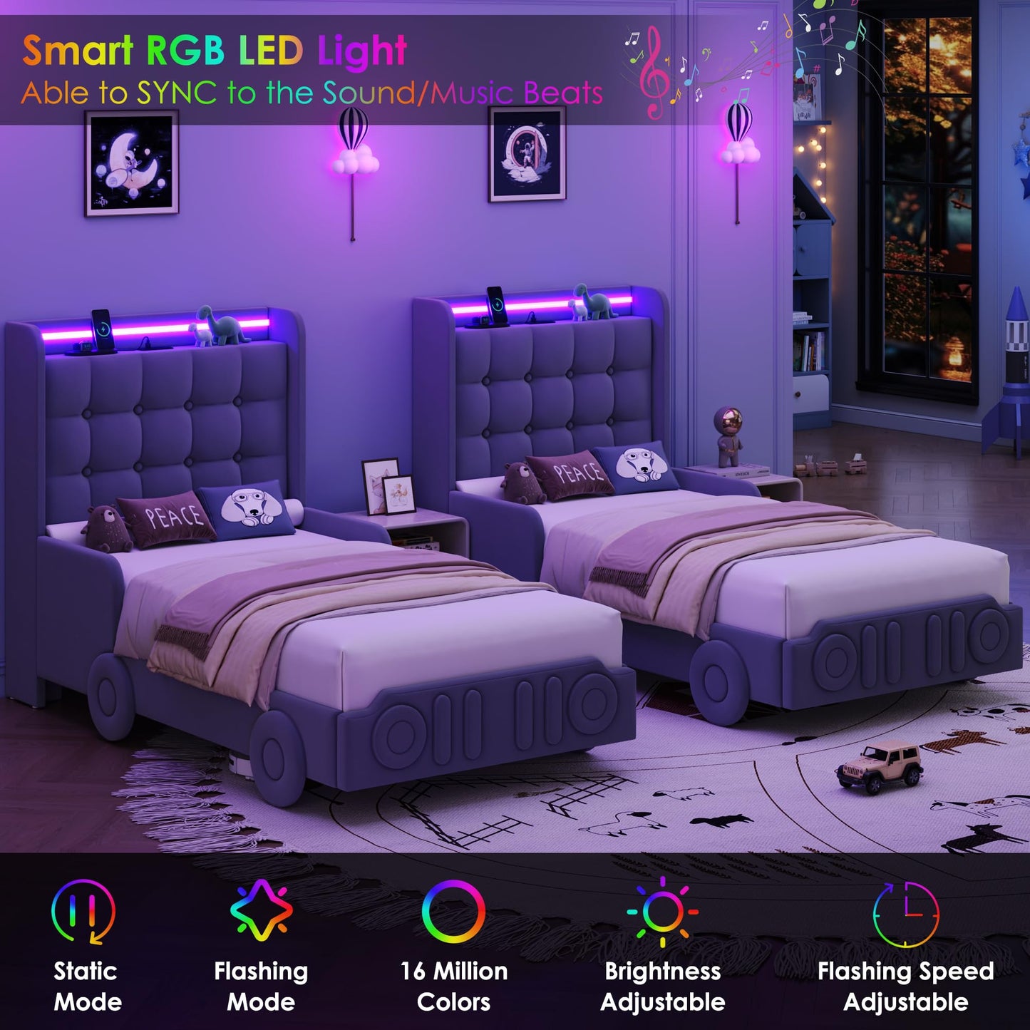 Keyluv Twin Car Bed Frame with LED Lights and Charging Station, Upholstered Platform Bed with Button Tufted Headboard and Wheels, No Box Spring Needed, Noise-Free, Easy Assembly, Velvet Grey