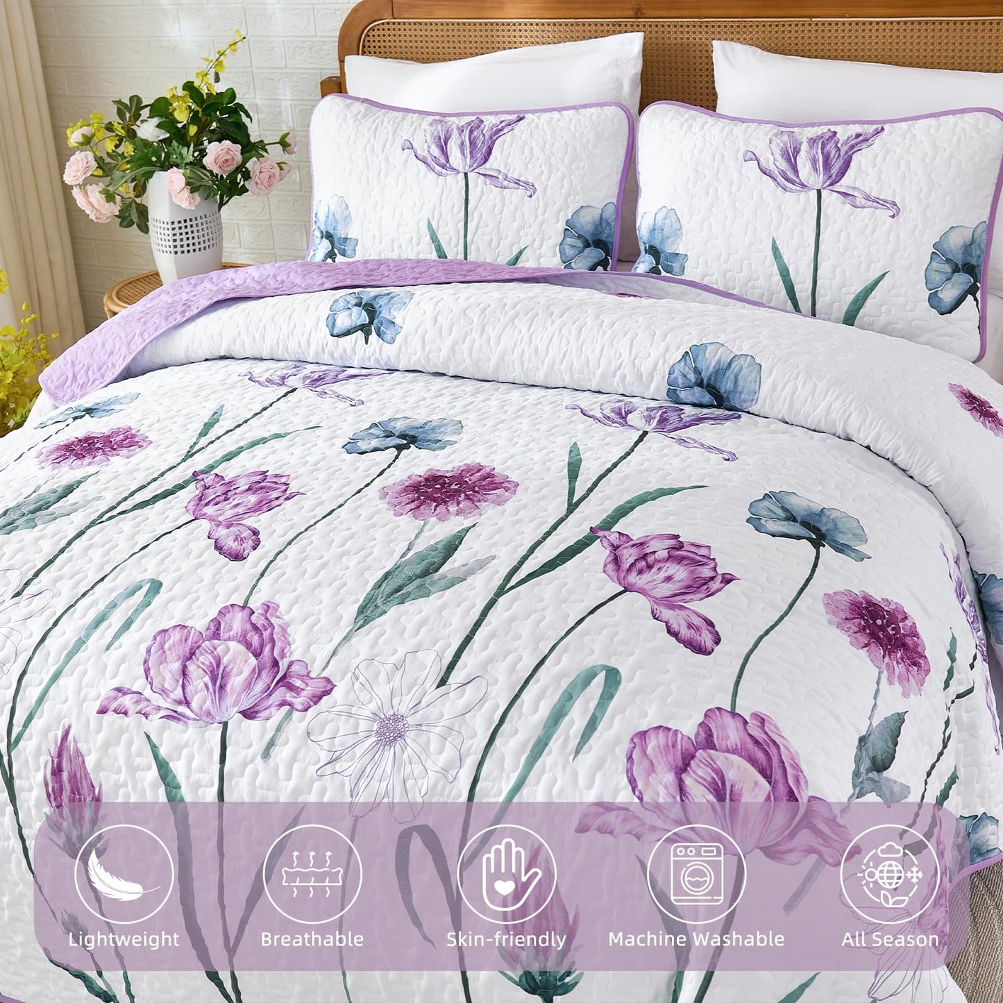 WONGS BEDDING Purple Queen Quilt Set, 3 Pieces Light Purple Floral Bedspread Coverlet Set, Lightweight Spring Farmhouse Cute Botanical Quilts Bedding Set (96"x90")