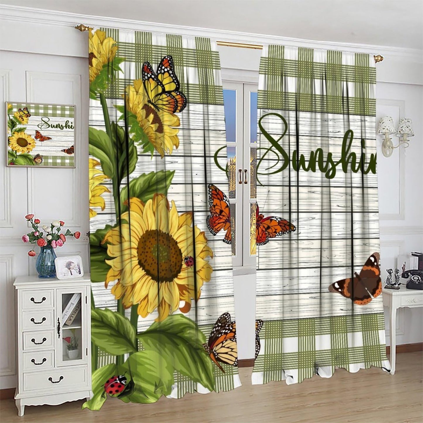 Spring Sunflower Curtains Rustic Plant Helianthus Yellow Flower Butterfly Pattern Rod Pocket Window Treatments for Girls Kids Bedroom Kitchen Living Room 2 Panel Set 41" x 45" (No Blackout)