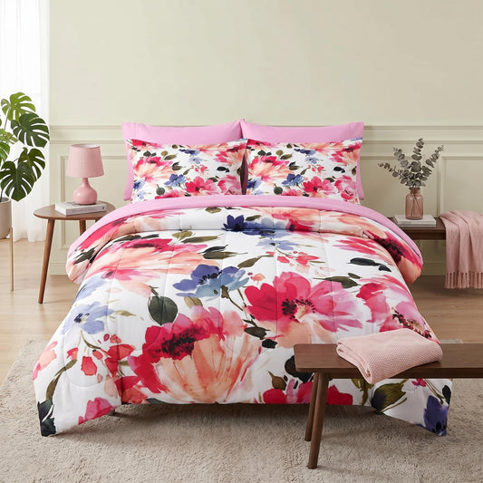 Pamnest Comforter Set Queen Size, Flower Floral Leaf 7 Pcs Bedding for Kids and Adults, Painting Summer Spring Bed Sheet Sets with Fitted Sheet 2 Pillowcases & 2 Shams for Bedroom Bed Decor
