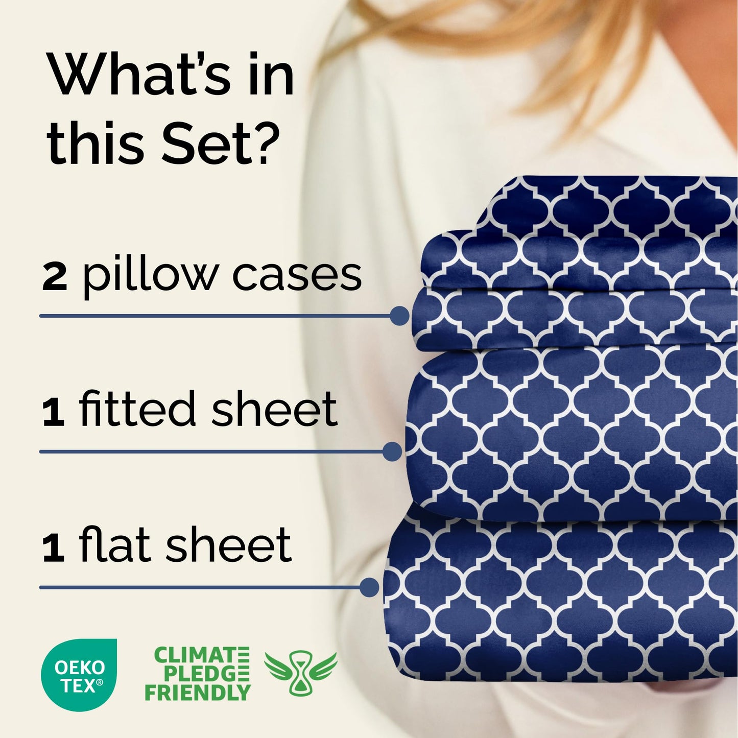 Blue Geometric Bed Sheets - 1 Flat & 1 Fitted Sheet & 2 Pillowcases w/ Deep Pockets – Wrinkle & Fade Free- Ultra-Soft, Breathable and Cooling - Luxury Moroccan Bed Set – Full Size - Navy Quatrefoil