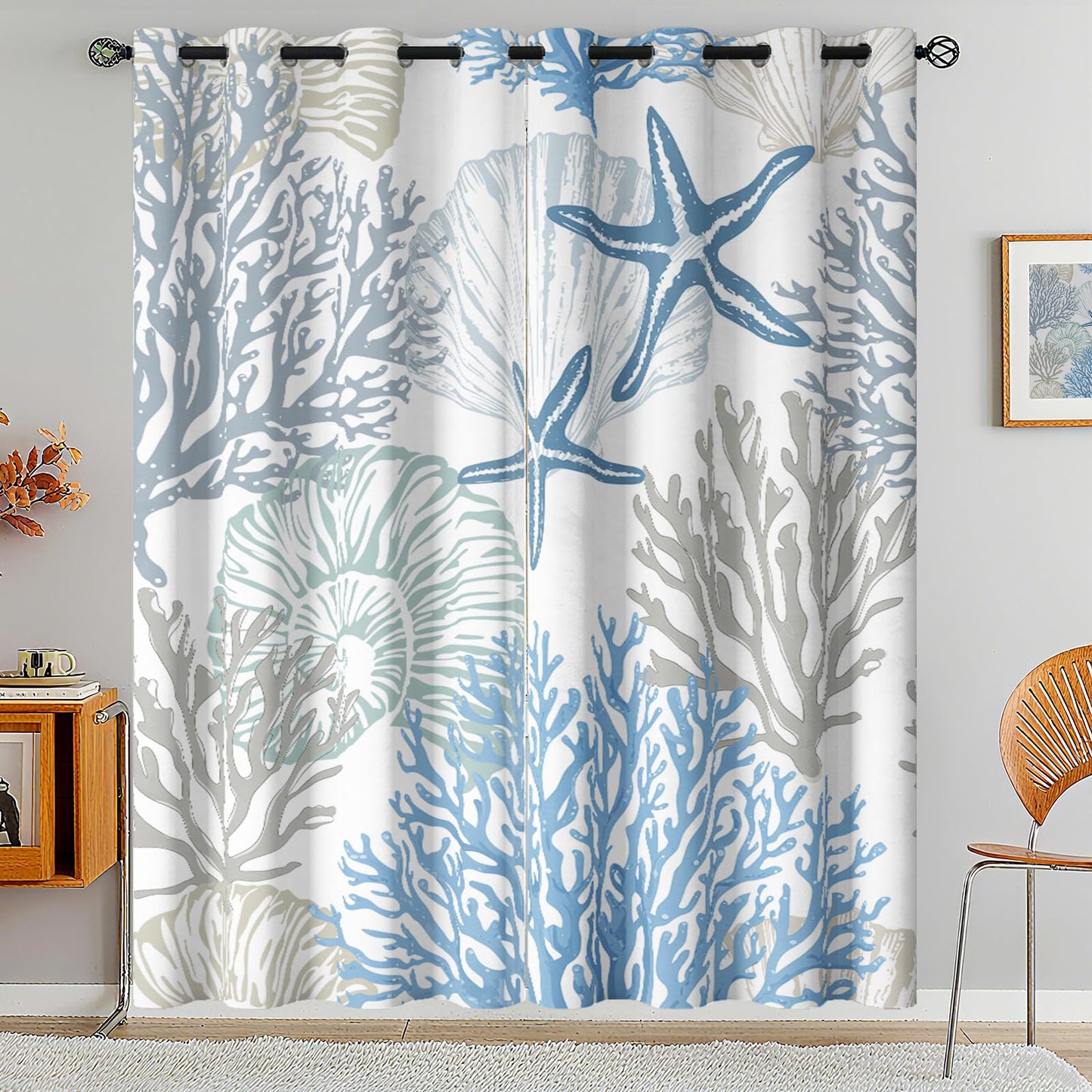 Sanzugh Coastal Beach Blackout Curtains 84 Inch Long 2 Panels Set, Blue Nautical Ocean Beachy Black Out Patterned Printed Window Curtain for Bedroom Living Room, Seashell Coral Grommet Window Drapes