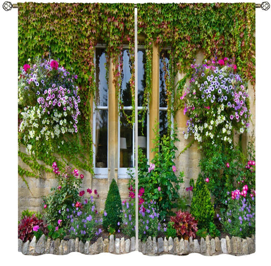 Italian Blackout Curtain,Porch Flowers Pots Plants Floral Flowers Retro Country Farmhouse Print Window Drapes for Bedroom Living Room Kitchen Cafe Office Set 2 Panels,42x45 Inches, Style-4