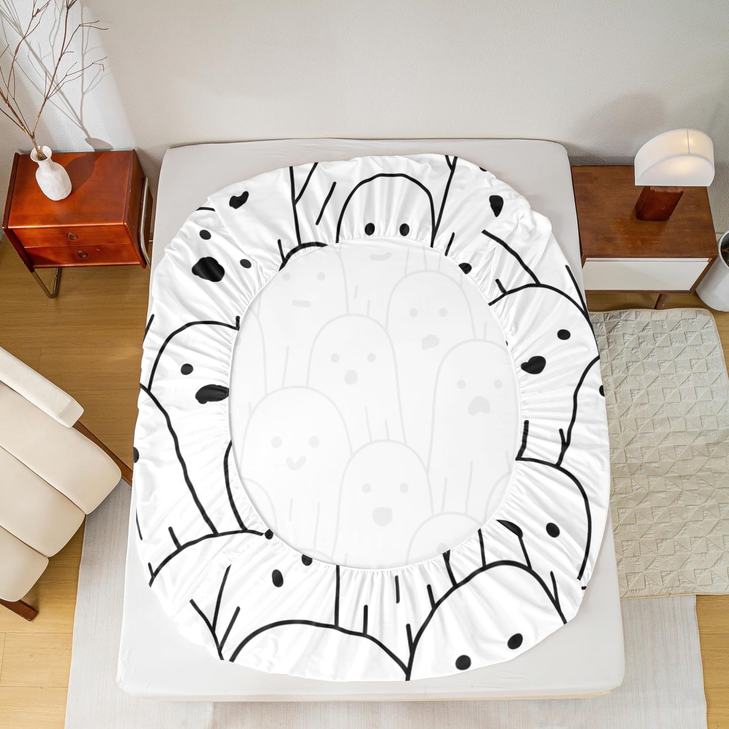 Castle Fairy Cute Ghost Fitted Sheet Queen Size Black and White Bedding Set Halloween Theme Sheet Set,Cartoon Ghost Bed Cover Ultra Soft Breathable Bedspread 3 Pcs for Kids Teens Boys No Flat Sheet