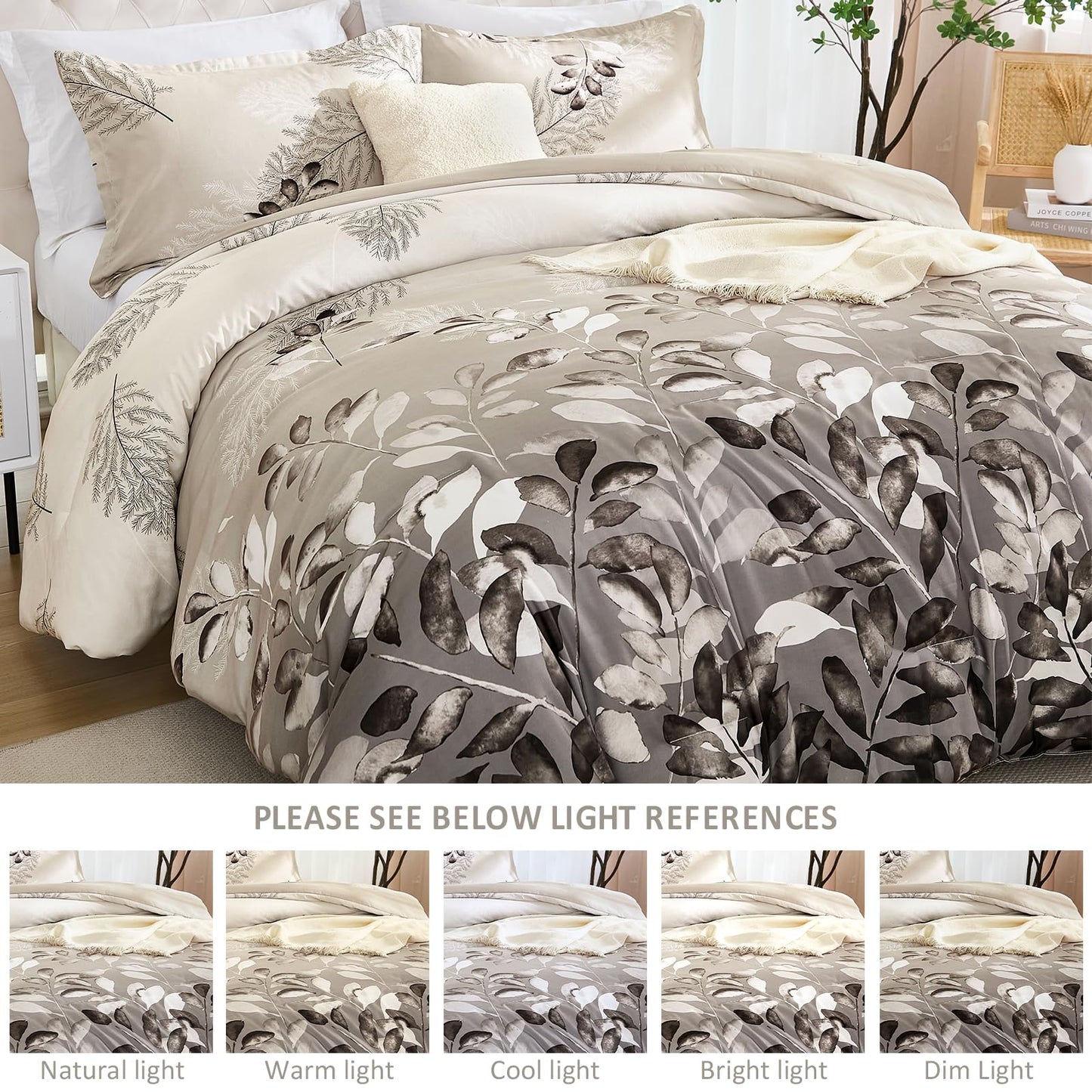 DJY Beige Comforter Set King, 3 Piece Brown Botanical Leaves Comforters with 2 Pillow Shams King Sizes Reversible Floral Comforter Sets Soft Microfiber Bedding Set for All Season (104"x90")