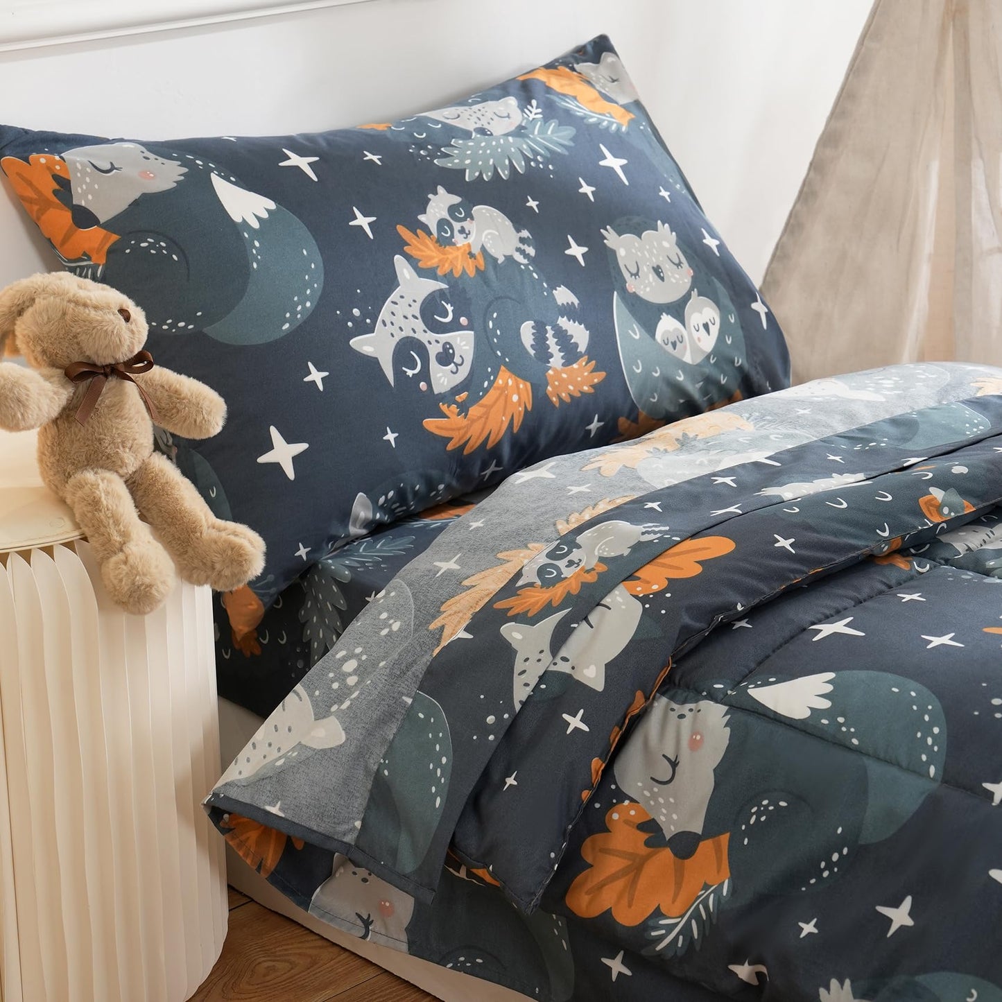JSD Navy Blue Forest Animals Toddler Bedding Set, 4 Piece Owl Toddler Comforter Sheet Set, Lightweight Breathable Washable